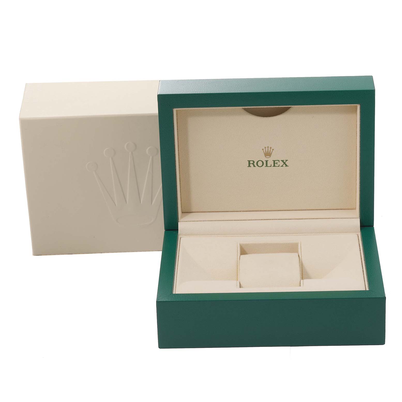 The image shows an open green and cream Rolex Cellini 50519 Men
s White Gold Blue Dial 50519 Men
s White Gold Blue Dial watch box with the brand logo on the interior.