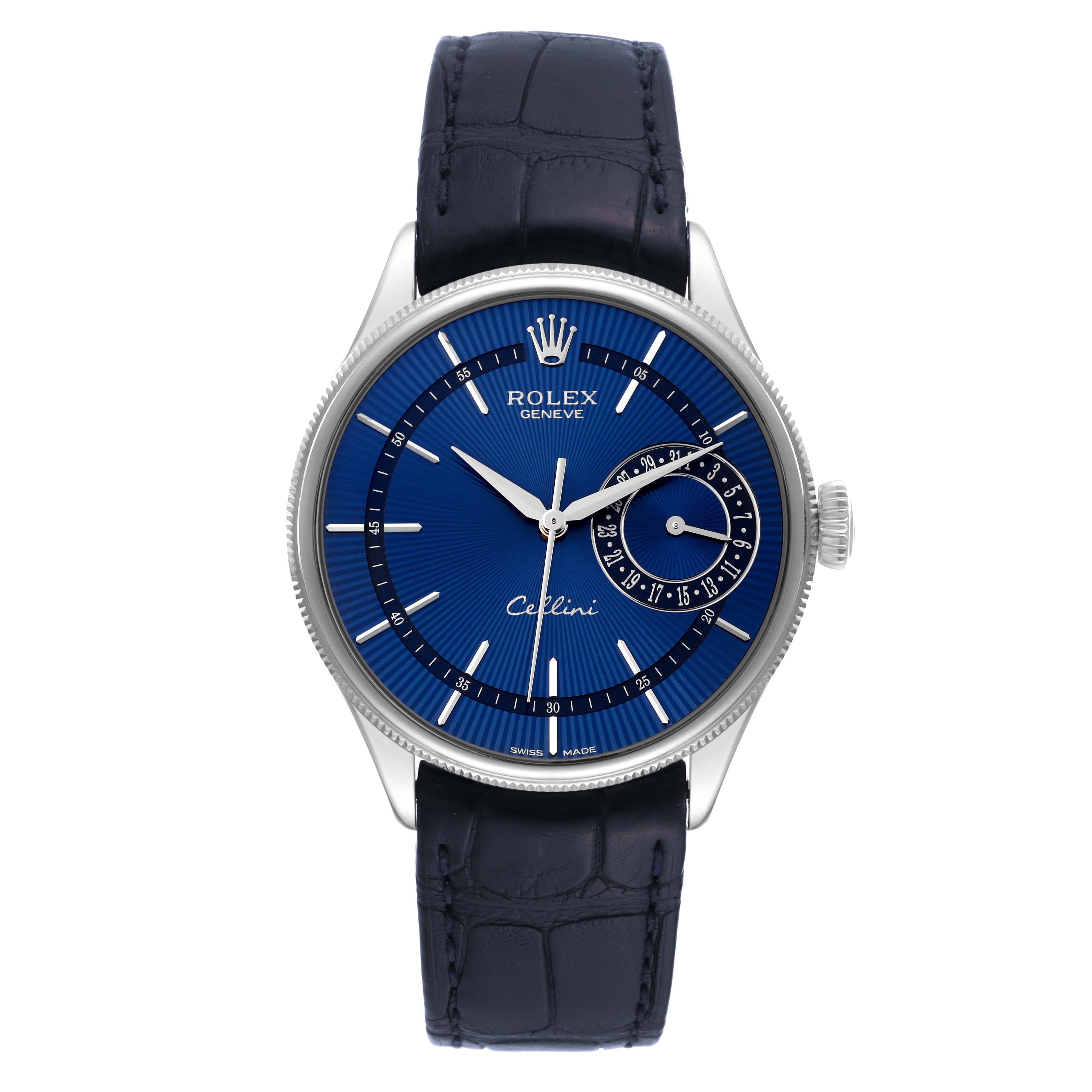 The image shows a front view of the Rolex Cellini 50519 Men
s White Gold Blue Dial 50519 Men
s White Gold Blue Dial watch, displaying the face, case, and leather strap.