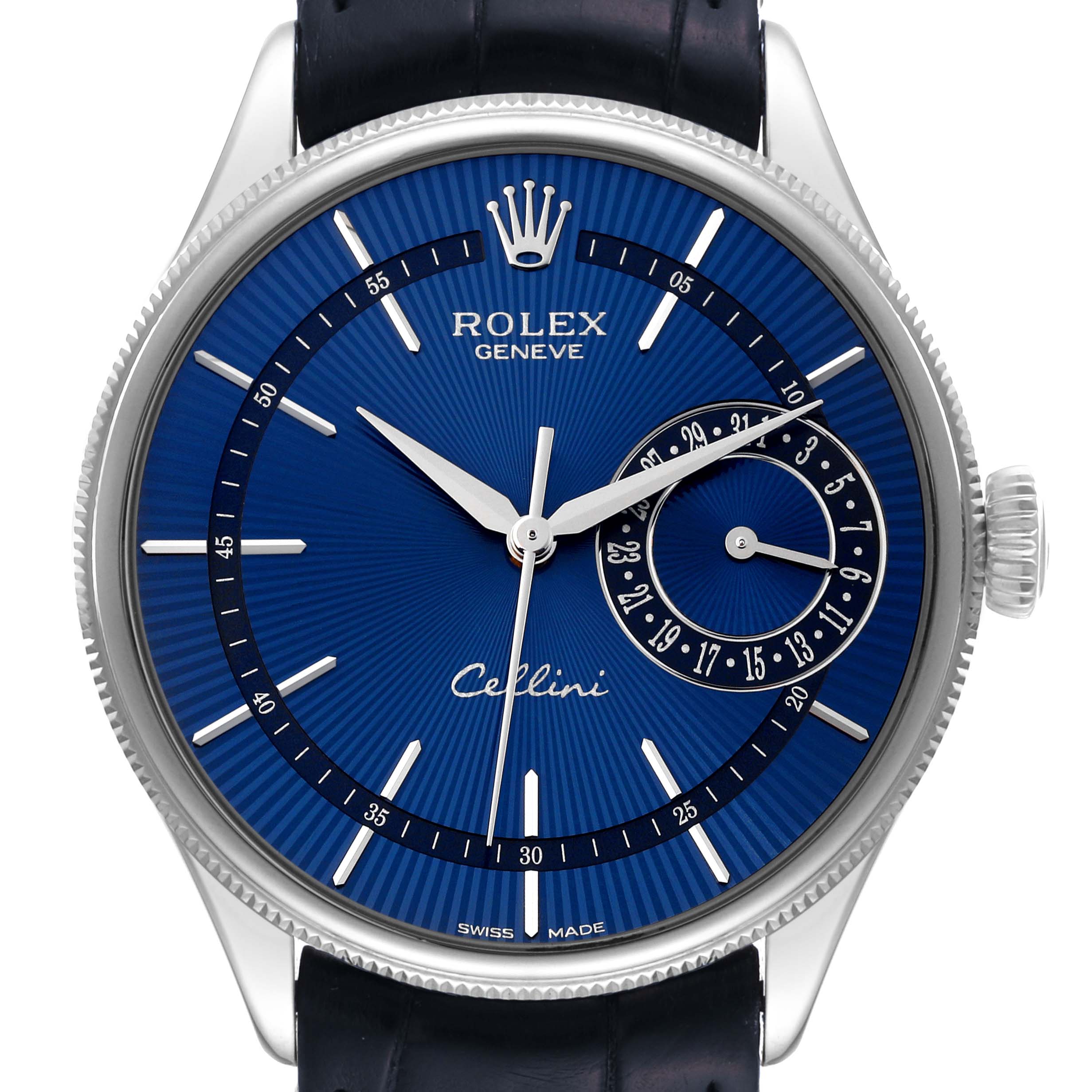 The image shows a close-up of the face of a Rolex Cellini 50519 Men
s White Gold Blue Dial 50519 Men
s White Gold Blue Dial watch, highlighting its blue dial, hands, and hour markers.