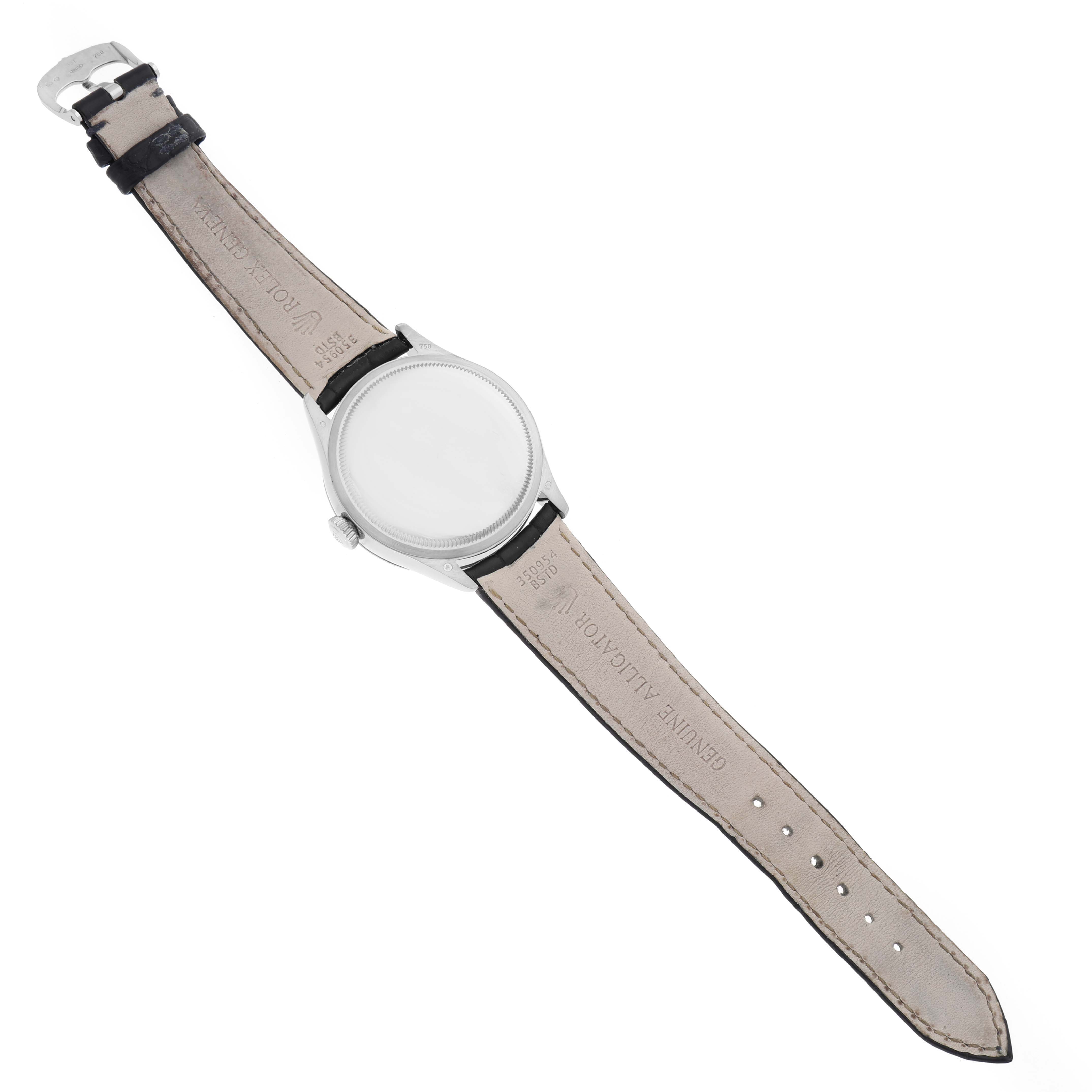 The image shows the back view of a Rolex Cellini 50519 Men
s White Gold Blue Dial 50519 Men
s White Gold Blue Dial watch highlighting the strap and case back.