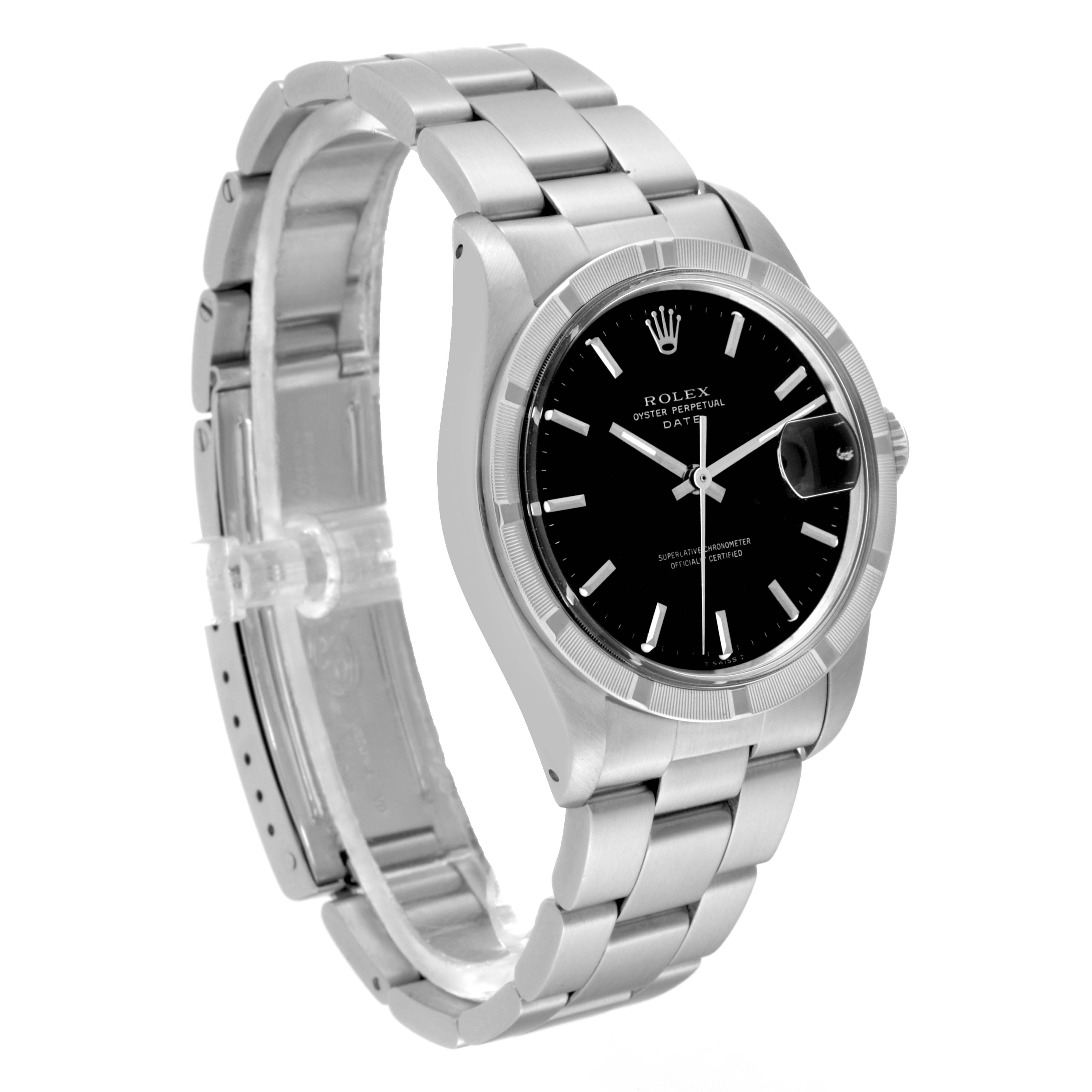 The image shows a side-angle view of a Rolex Vintage Collection 1501 Men's Stainless Steel Black Dial 1501 Men's Stainless Steel Black Dial Oyster Perpetual Date watch, displaying the band and black dial.