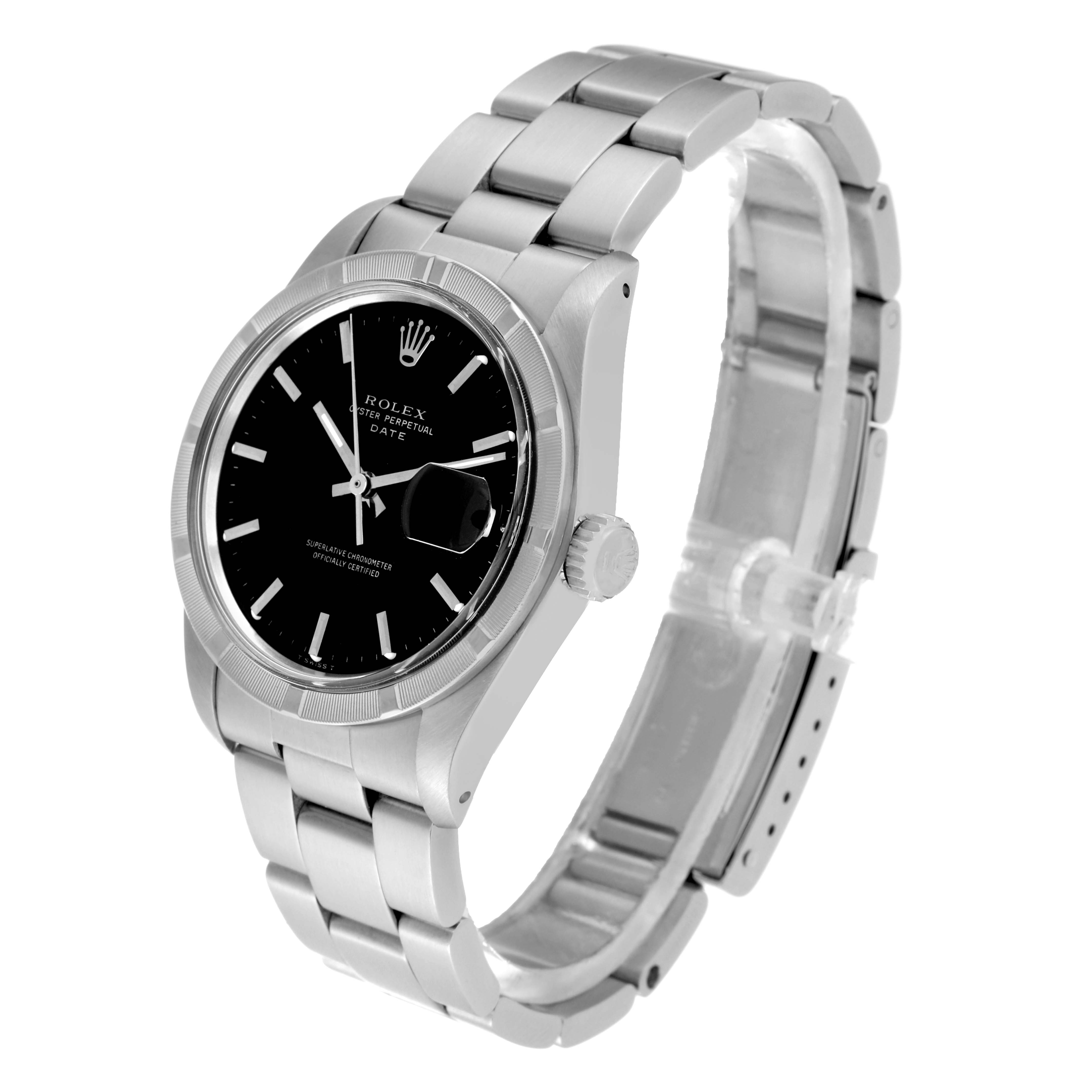 The Rolex Vintage Collection 1501 Men's Stainless Steel Black Dial 1501 Men's Stainless Steel Black Dial model watch is shown at a three-quarter angle, showcasing the dial, bezel, crown, and bracelet.