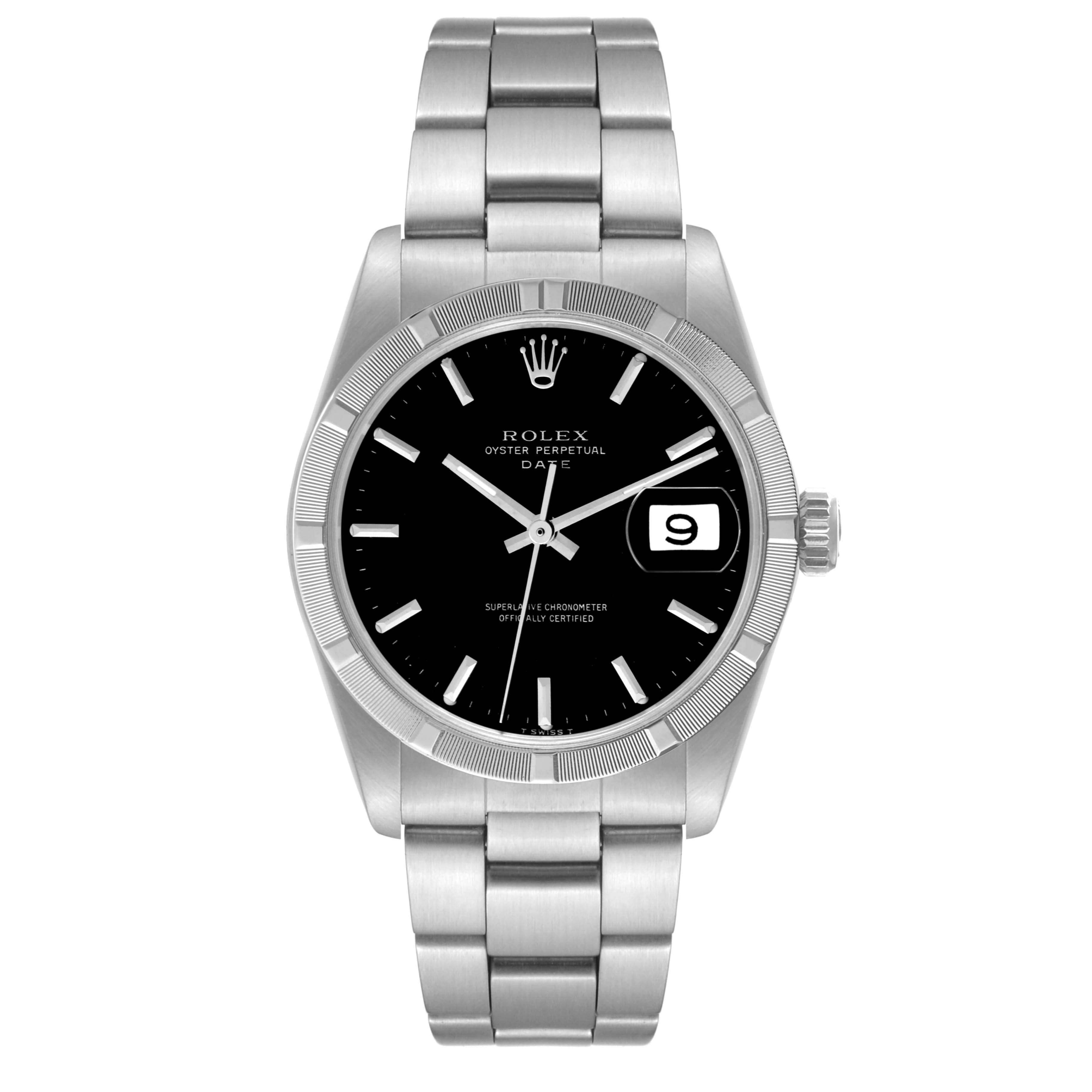This image shows a front view of a Rolex Vintage Collection 1501 Men's Stainless Steel Black Dial 1501 Men's Stainless Steel Black Dial watch, displaying the face, hands, bezel, and band.