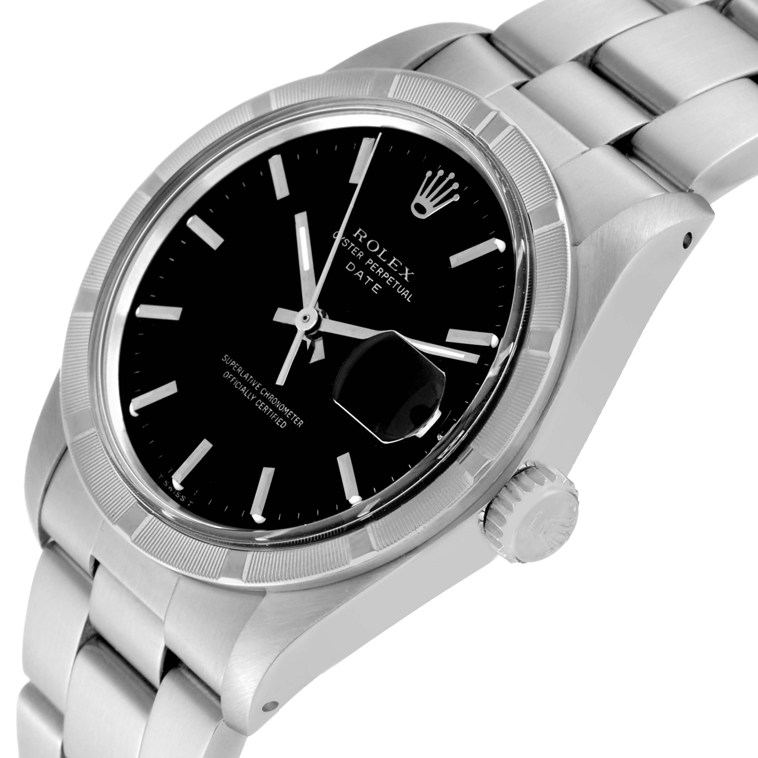 The image shows a Rolex Vintage Collection 1501 Men's Stainless Steel Black Dial 1501 Men's Stainless Steel Black Dial watch at an angle displaying the black dial, crown, and part of the bracelet.