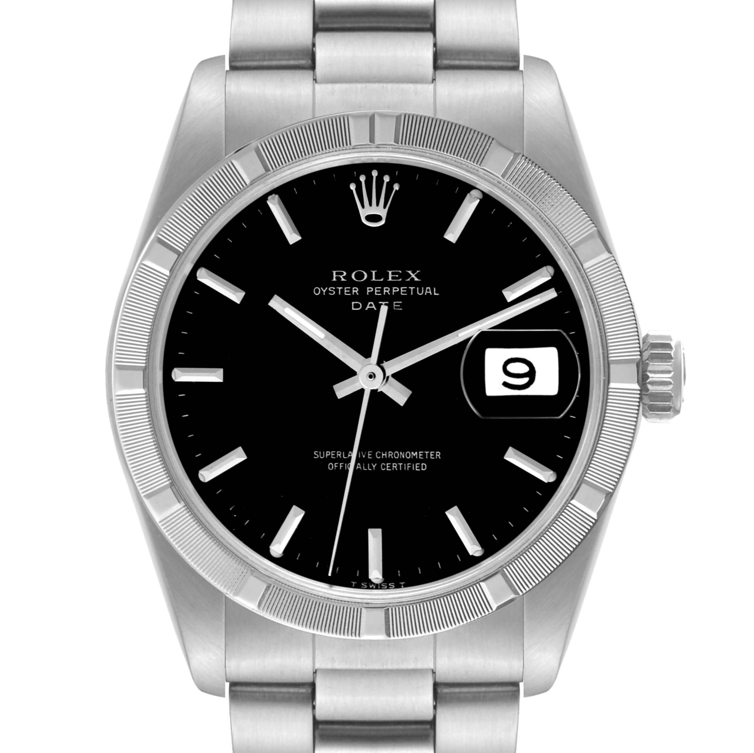 This image shows a front view of the Rolex Vintage Collection 1501 Men's Stainless Steel Black Dial 1501 Men's Stainless Steel Black Dial Oyster Perpetual Date watch, highlighting the dial, crown, and bracelet.