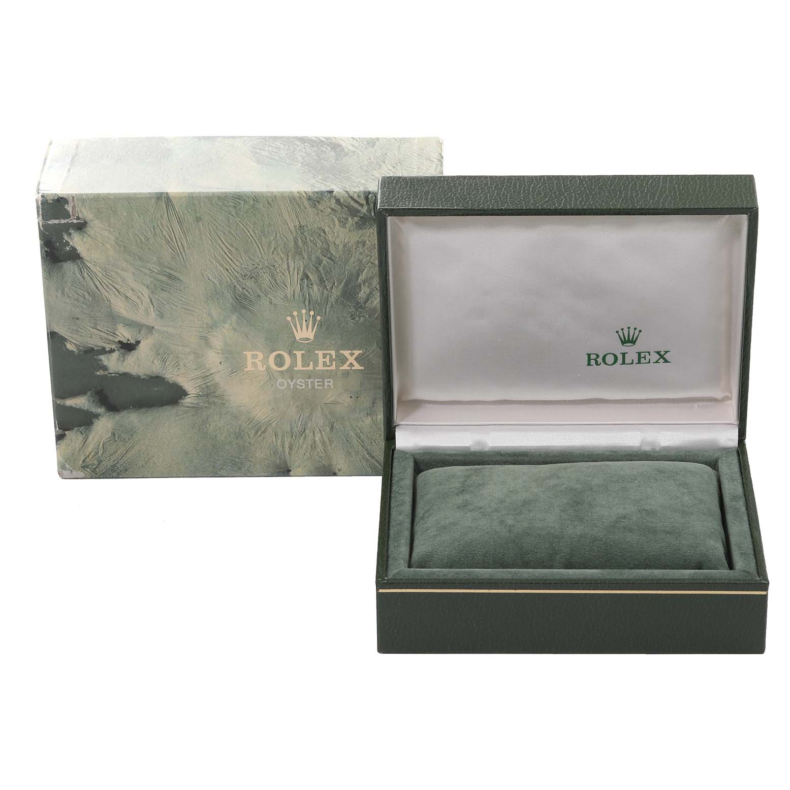 The image shows an open and closed watch box for a Rolex Vintage Collection 1501 Men's Stainless Steel Black Dial 1501 Men's Stainless Steel Black Dial model, displaying the brand's logo inside and outside.
