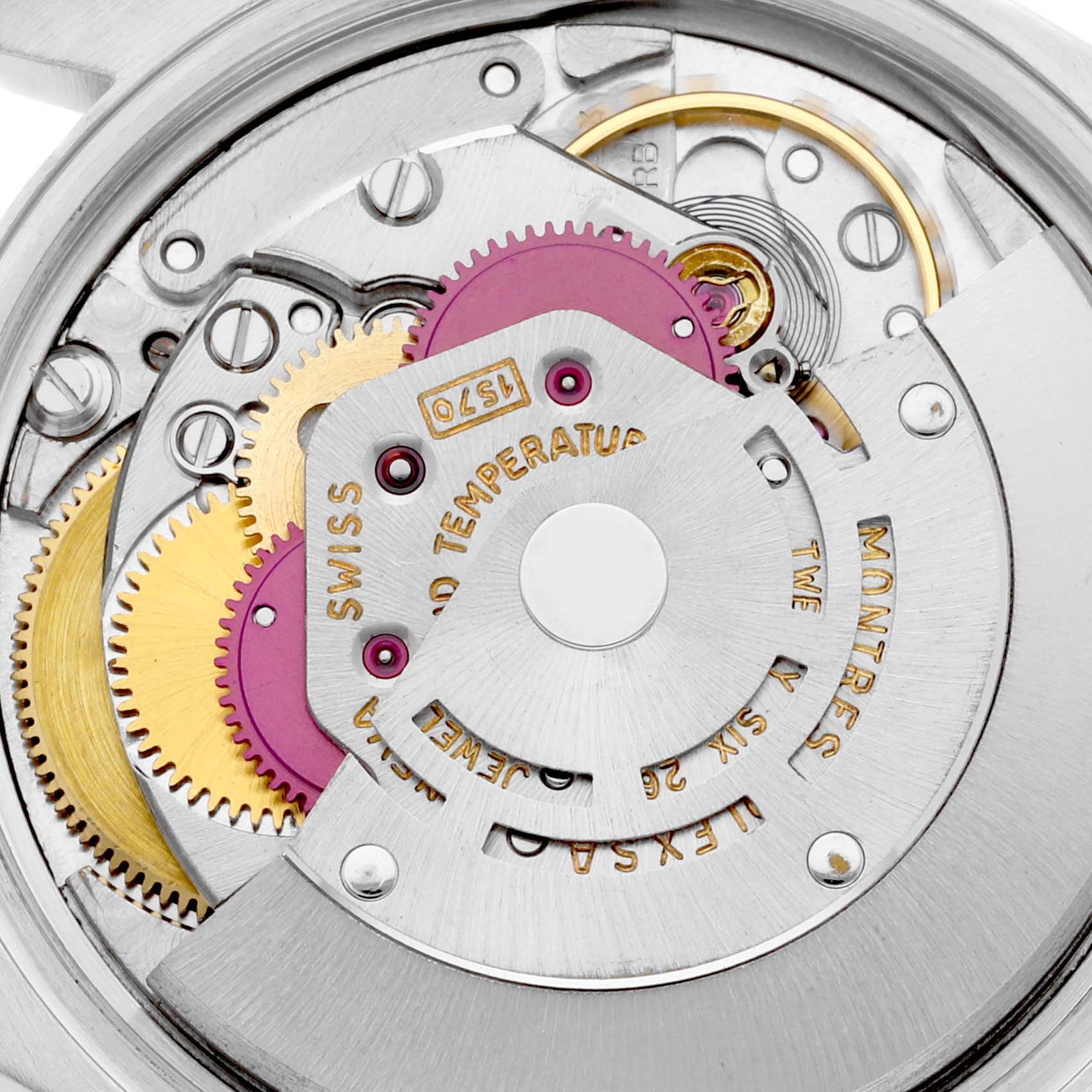 This is a close-up view of the internal mechanical components of a Rolex Vintage Collection 1501 Men's Stainless Steel Black Dial 1501 Men's Stainless Steel Black Dial watch.