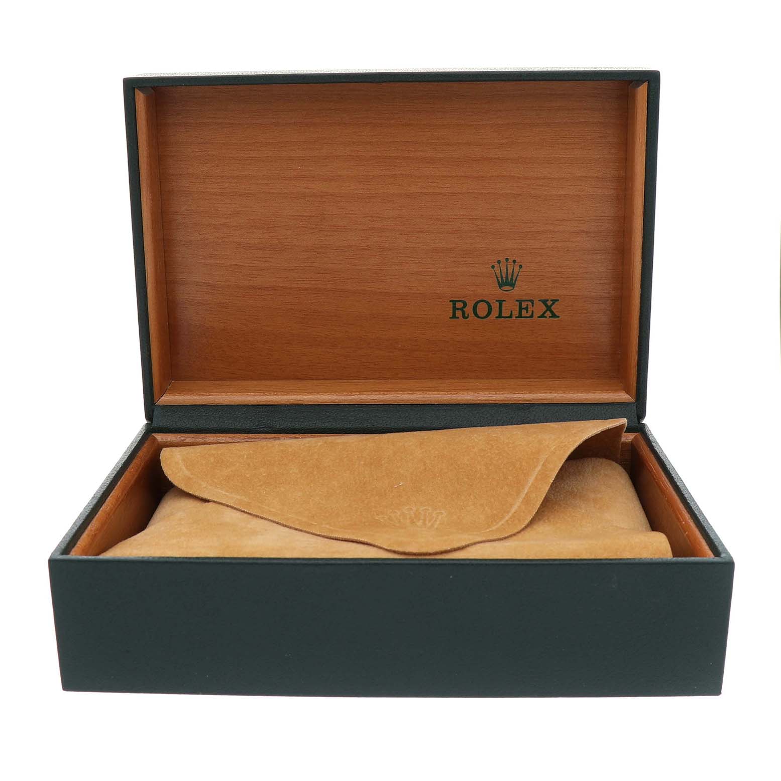 The image shows an open Rolex box containing a suede pouch, possibly for a Date model watch.