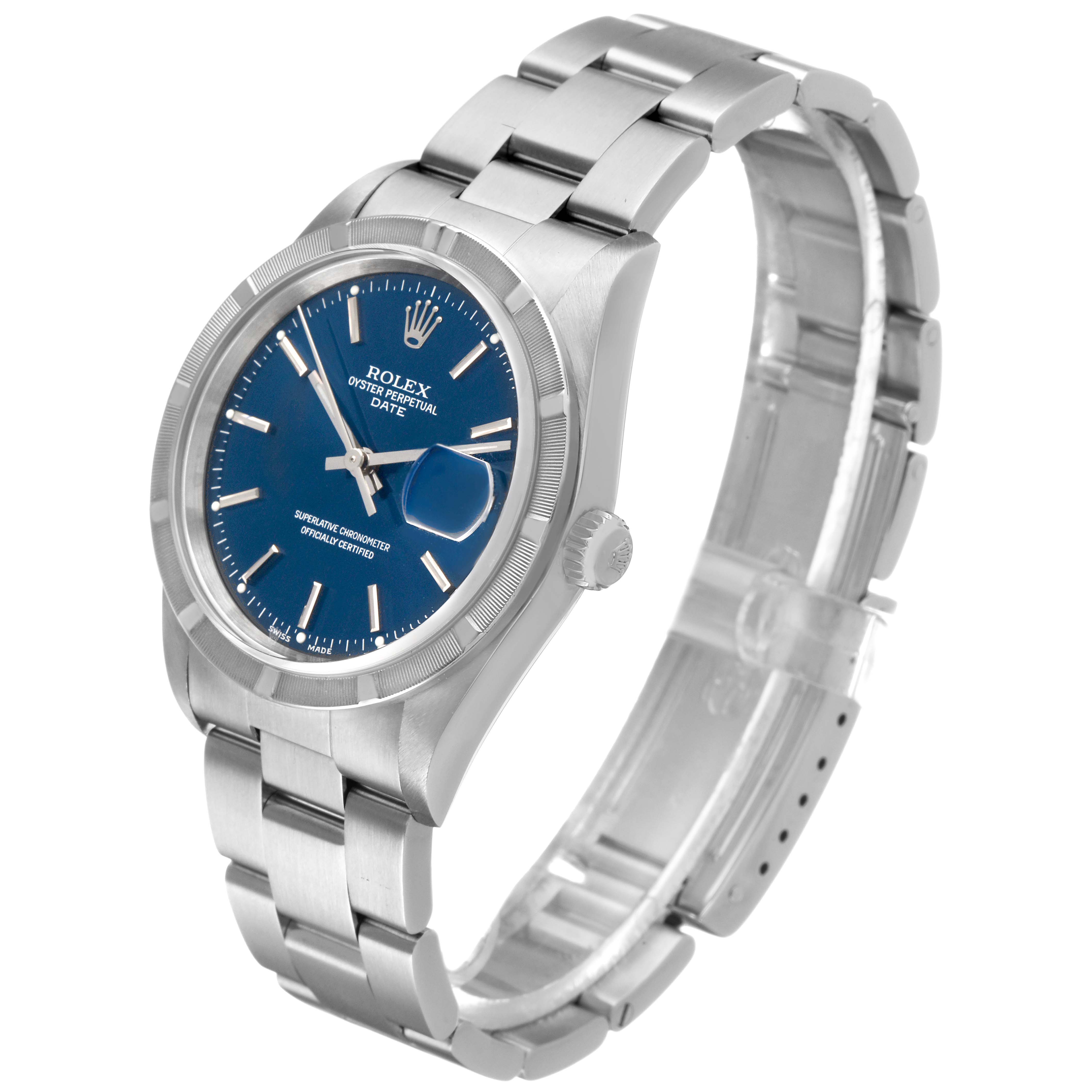 The Rolex Date 15210 Men's Stainless Steel Blue Dial watch is shown at an angle displaying the face, crown, and bracelet, highlighting its blue dial and polished links.