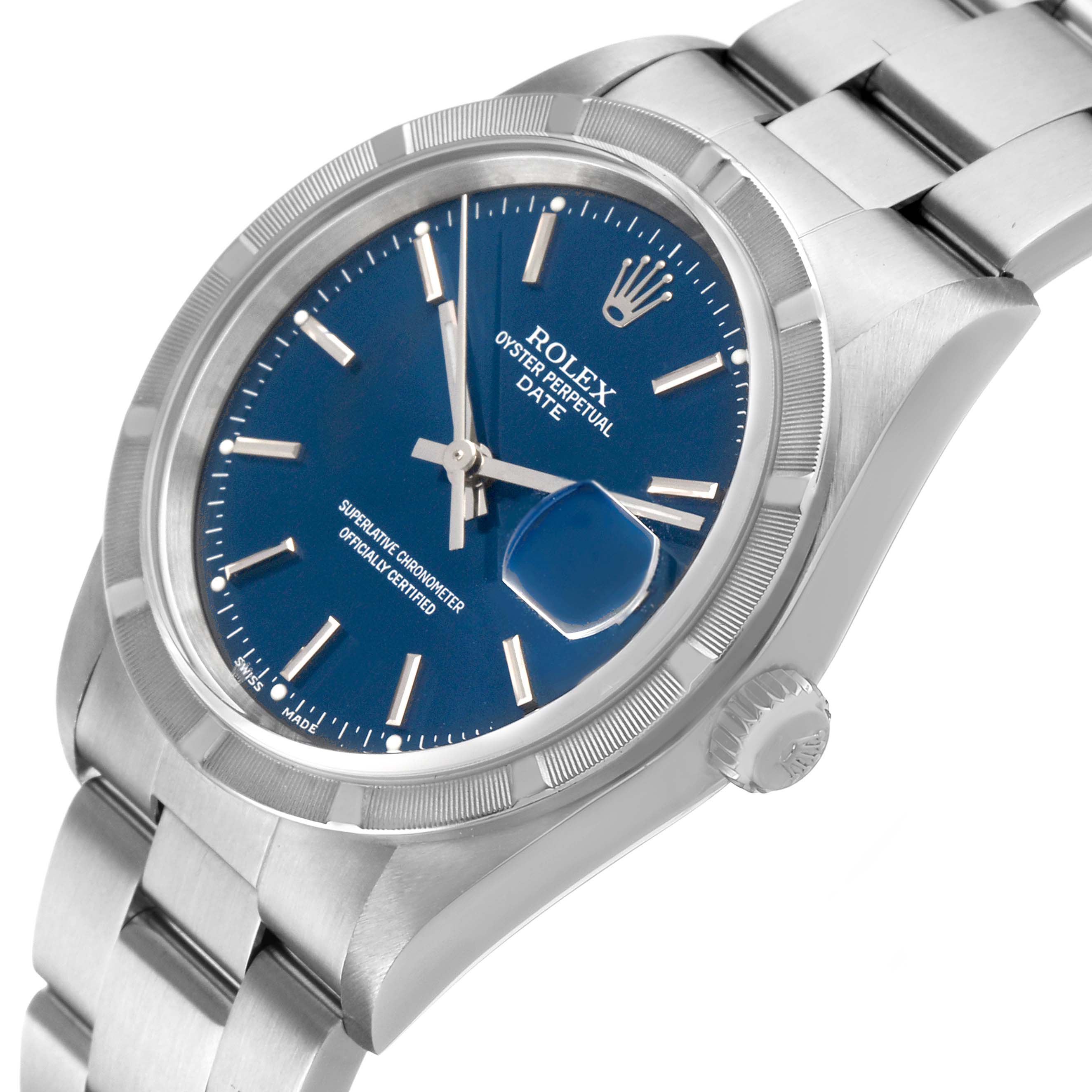 The Rolex Date 15210 Men's Stainless Steel Blue Dial watch is shown at a slight angle, highlighting the dial, bezel, crown, and bracelet.