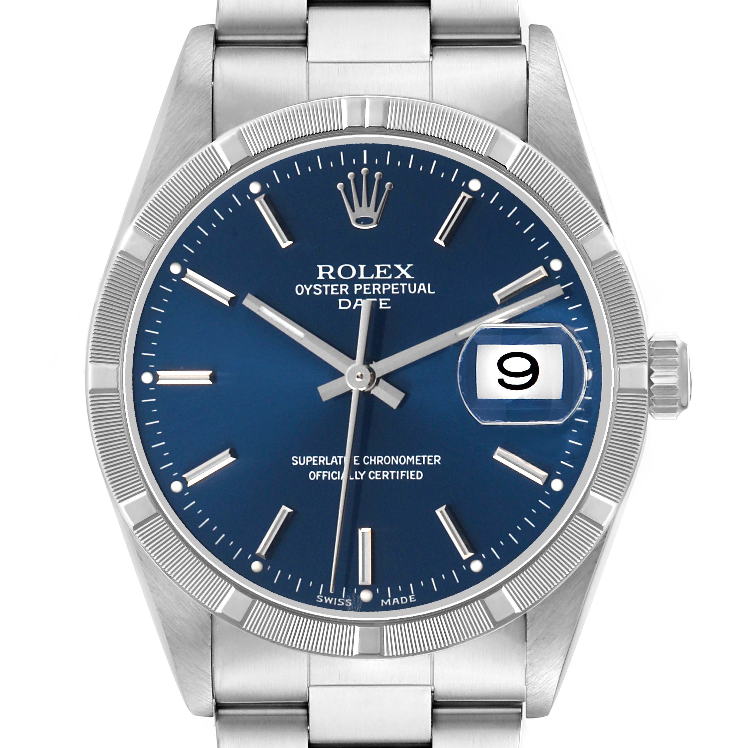 The Rolex Date 15210 Men's Stainless Steel Blue Dial model is shown from the front, featuring a blue dial, stainless steel bracelet, and date window.