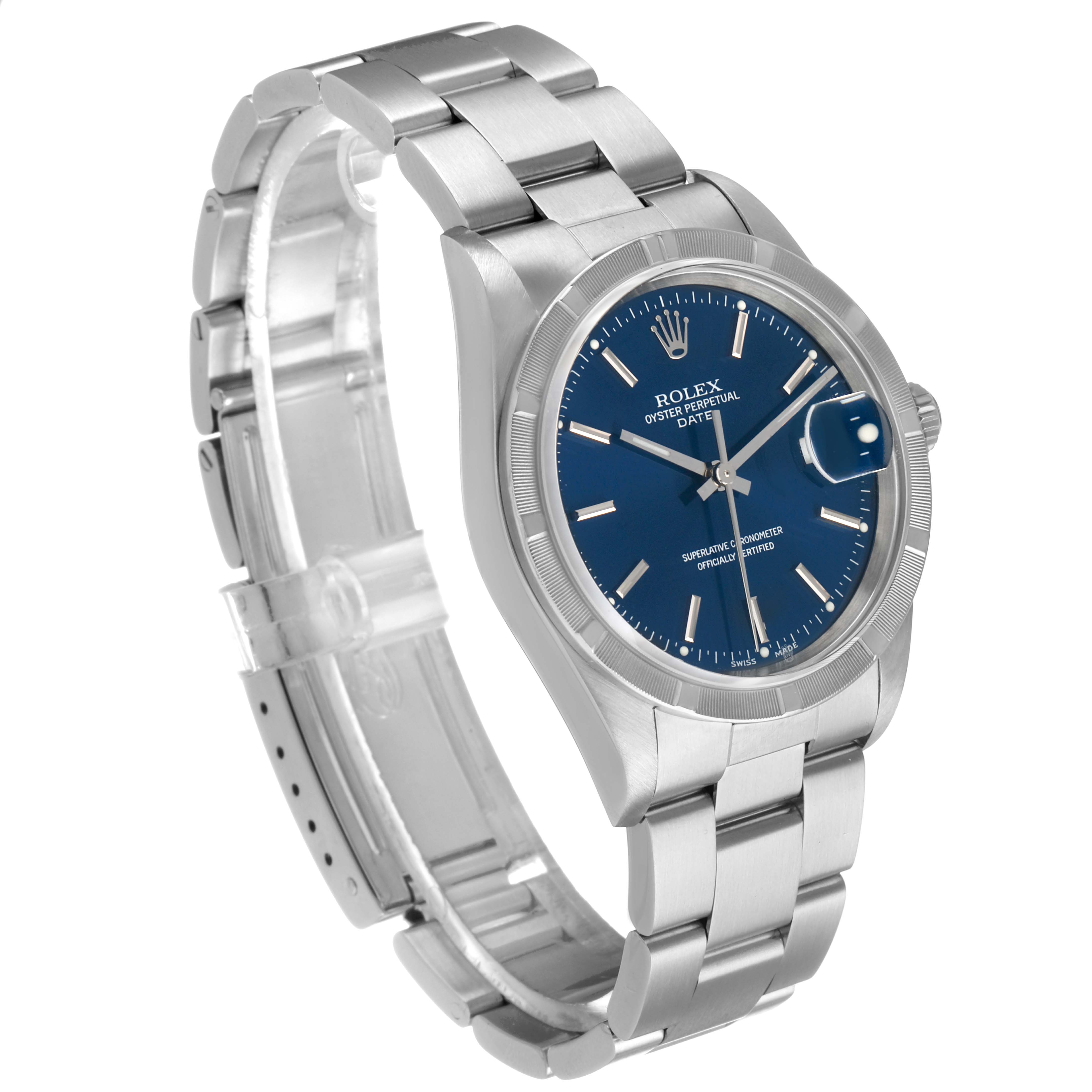 The Rolex Date 15210 Men's Stainless Steel Blue Dial watch is shown at a three-quarter angle, displaying the face, bezel, and bracelet clearly.
