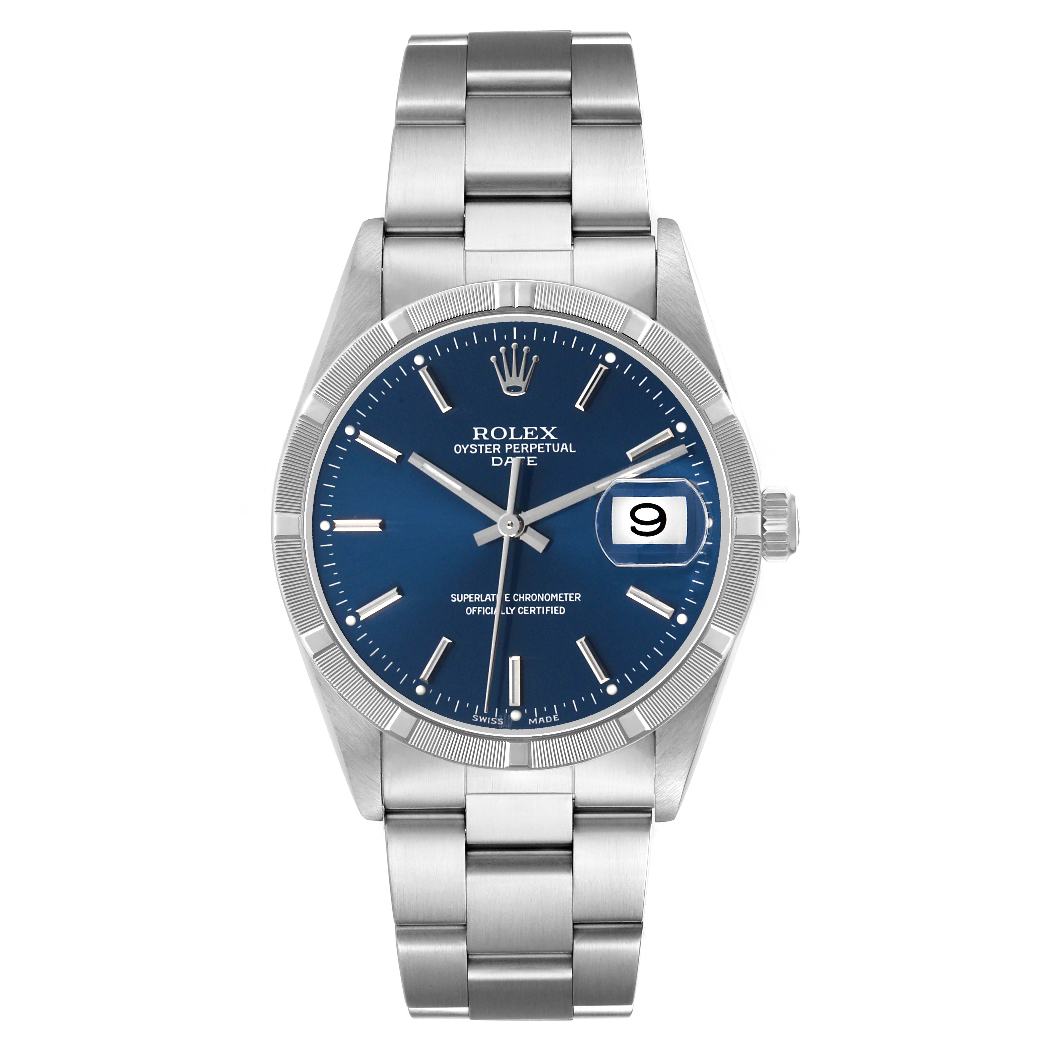 The Rolex Date 15210 Men's Stainless Steel Blue Dial watch is shown from the front, highlighting its dial, hands, bezel, date window, and bracelet.