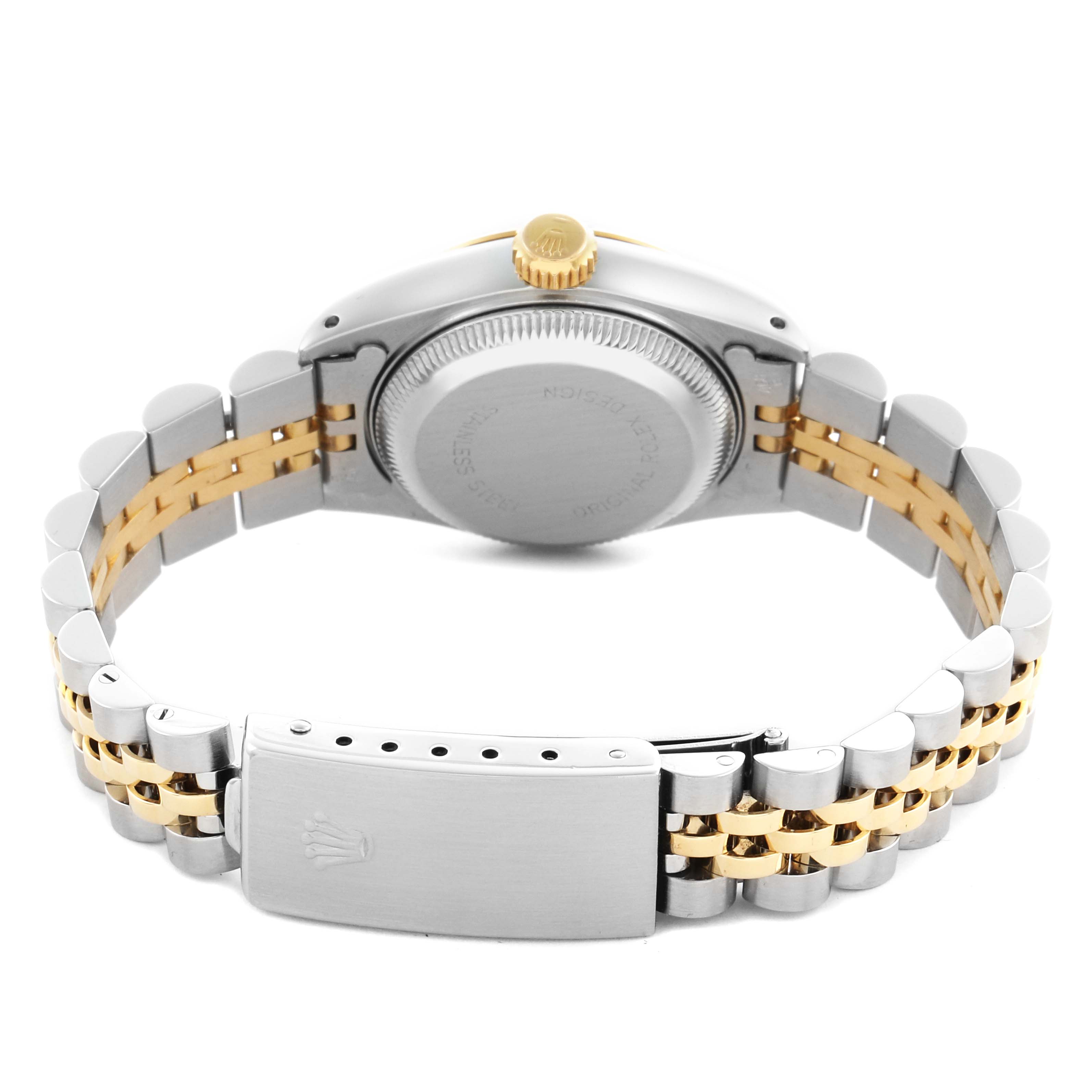 The image shows the back of the Rolex Date 69173 Women's Steel and Gold (two tone) Black Dial 69173 Women's Steel and Gold (two tone) Black Dial watch, highlighting the clasp and two-tone bracelet.