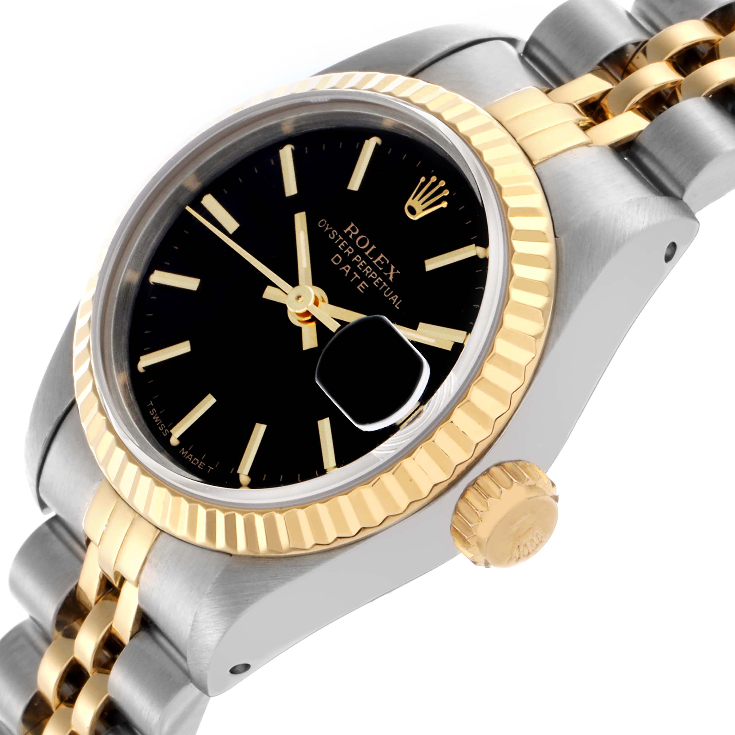 The Rolex Date 69173 Women's Steel and Gold (two tone) Black Dial 69173 Women's Steel and Gold (two tone) Black Dial watch is shown at a three-quarter angle, highlighting its bezel, crown, dial, and bracelet.