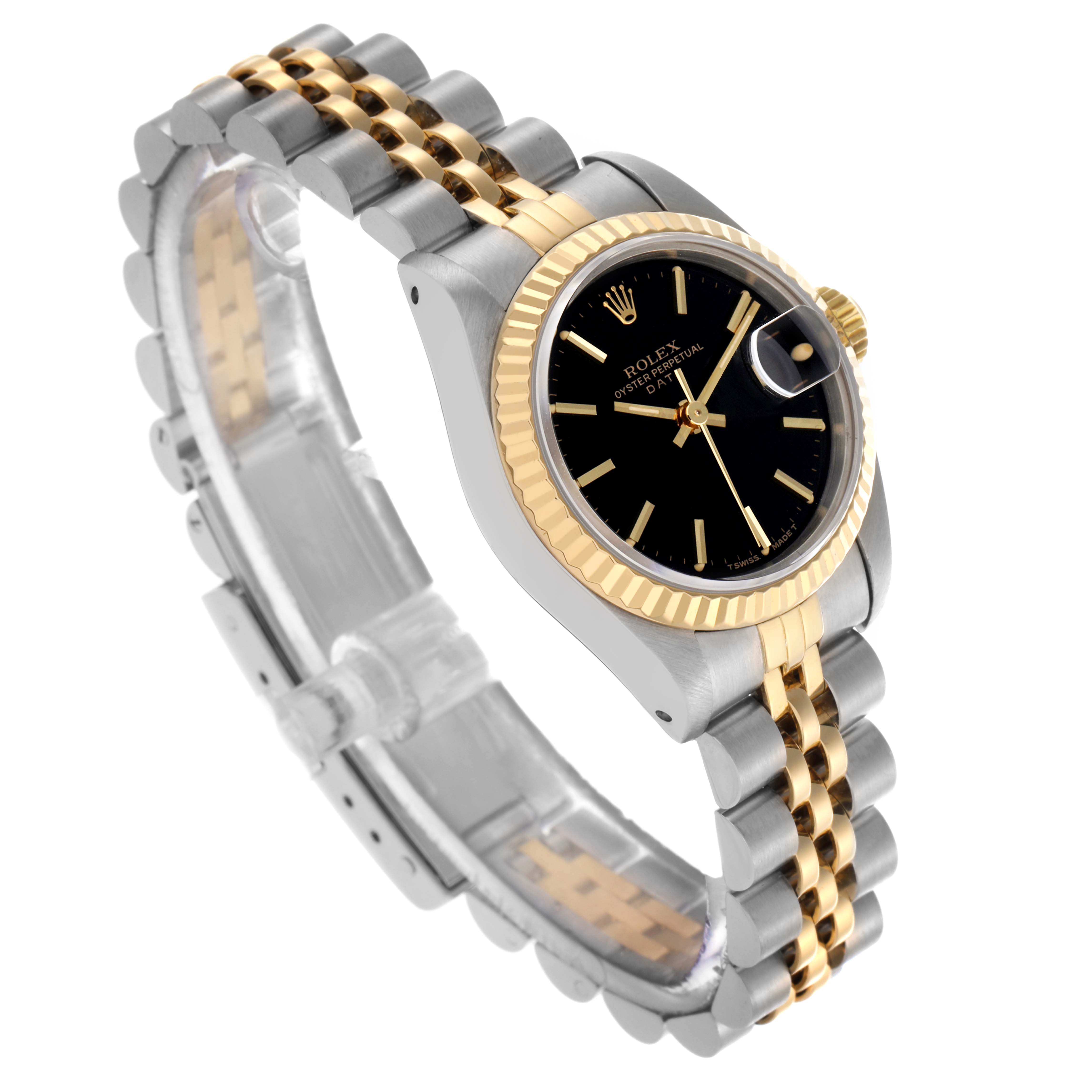 The Rolex Date 69173 Women's Steel and Gold (two tone) Black Dial 69173 Women's Steel and Gold (two tone) Black Dial watch is shown at a diagonal angle, highlighting the two-tone bracelet, fluted bezel, and black dial.