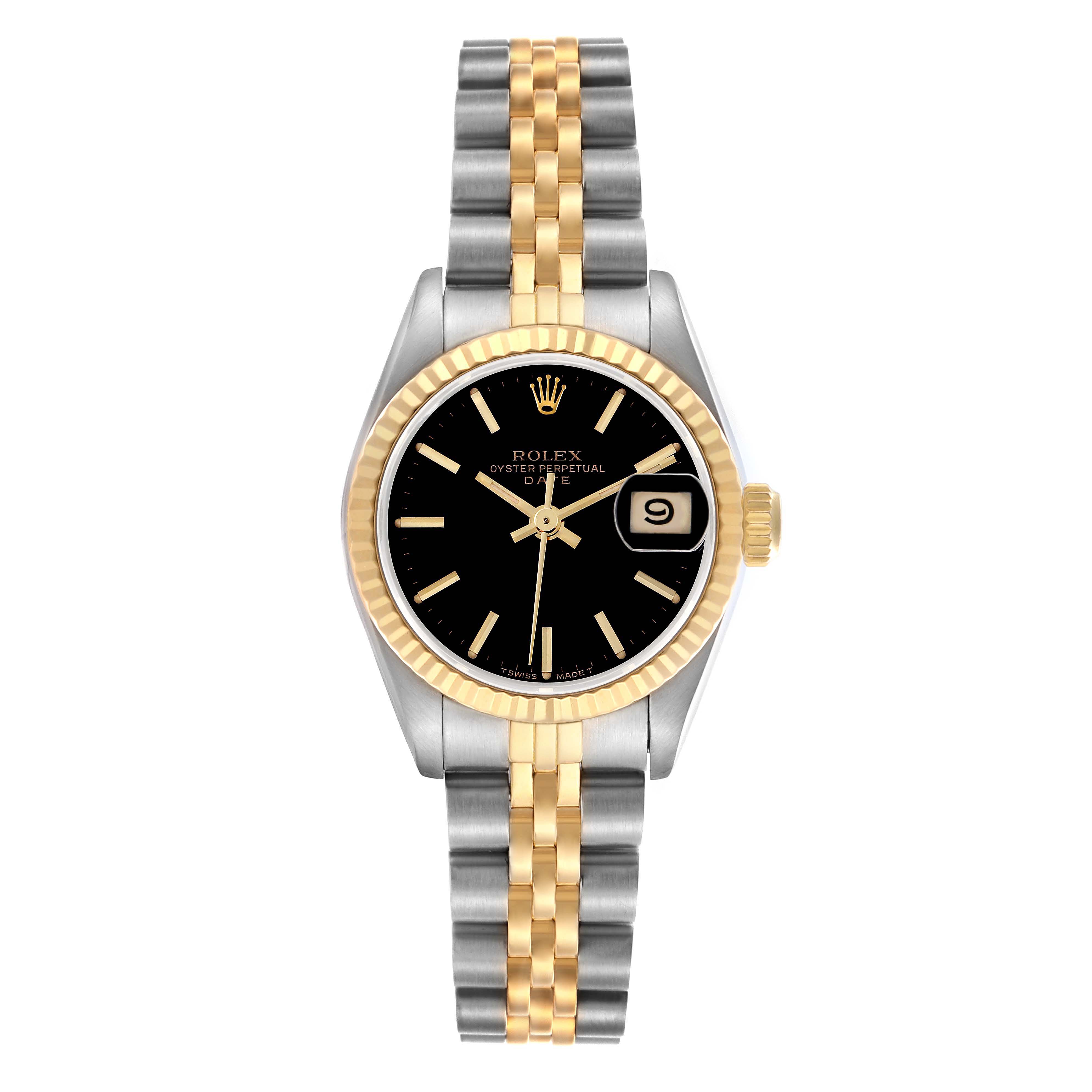 The Rolex Date 69173 Women's Steel and Gold (two tone) Black Dial 69173 Women's Steel and Gold (two tone) Black Dial model watch is shown from a top-down angle, highlighting its black dial, gold bezel, and two-tone bracelet.