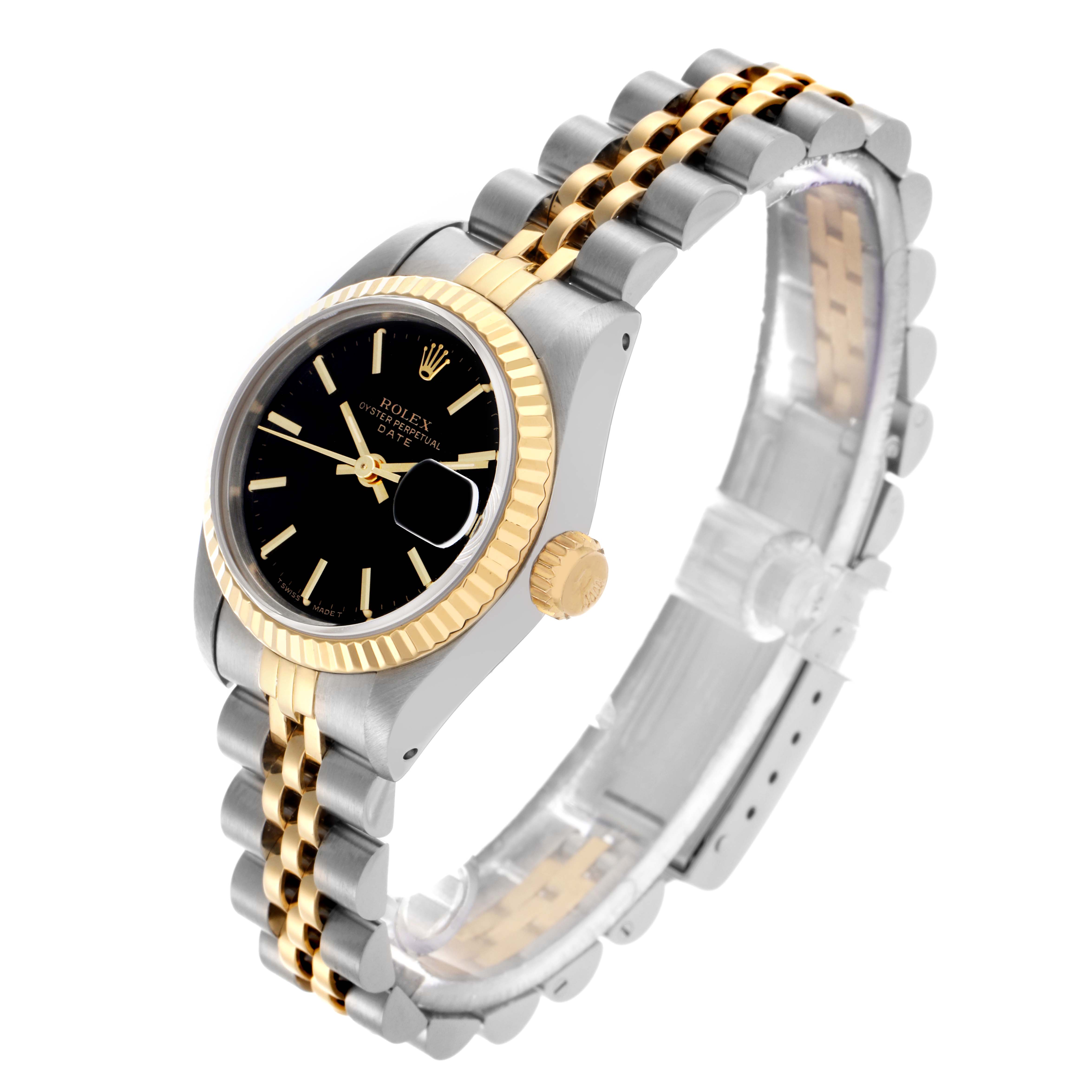 The Rolex Date 69173 Women's Steel and Gold (two tone) Black Dial 69173 Women's Steel and Gold (two tone) Black Dial watch is shown at a three-quarter angle, highlighting the black dial, gold bezel, crown, and two-tone bracelet.
