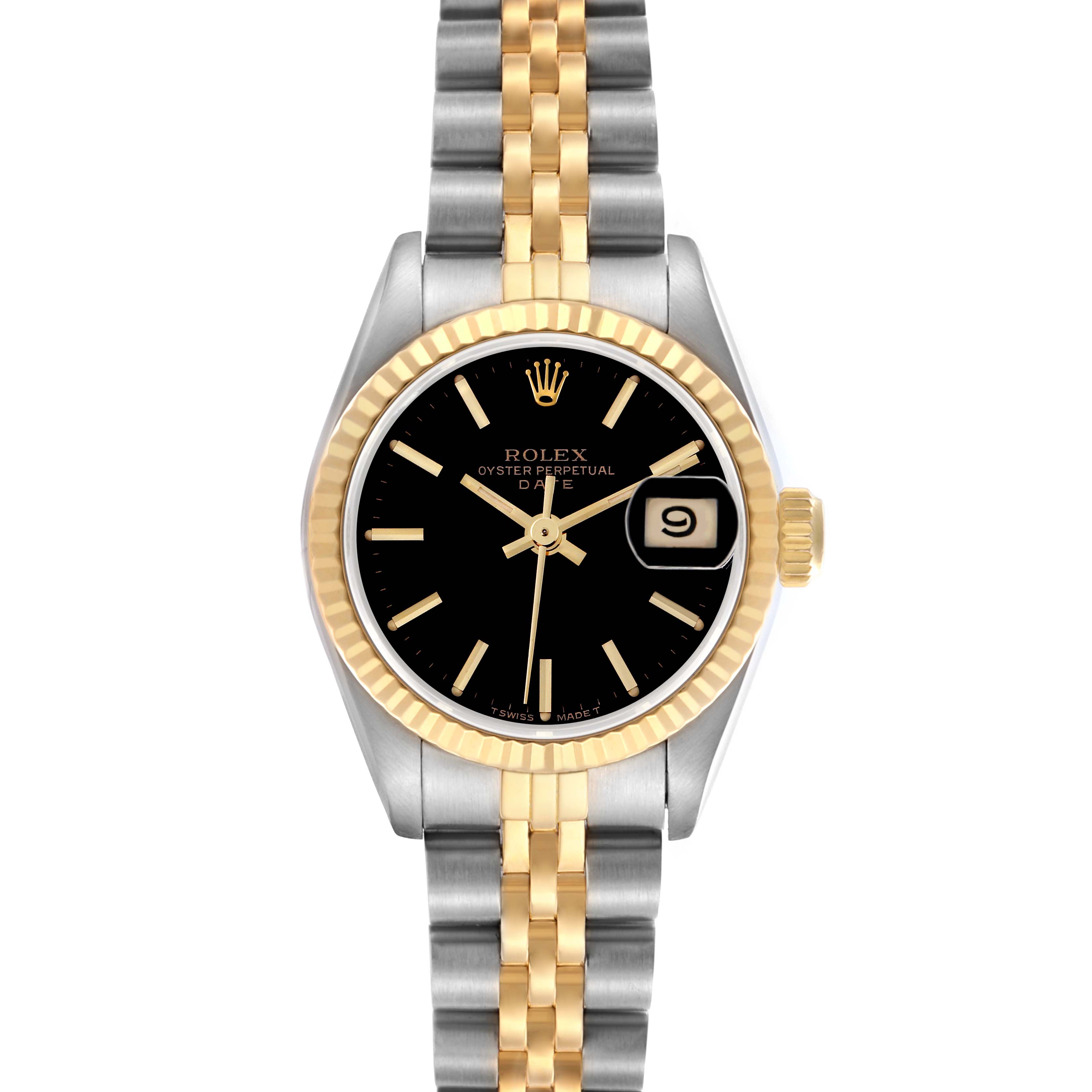 The Rolex Date 69173 Women's Steel and Gold (two tone) Black Dial 69173 Women's Steel and Gold (two tone) Black Dial watch is shown from a front angle, displaying its black dial, gold markers, fluted bezel, and two-tone bracelet.