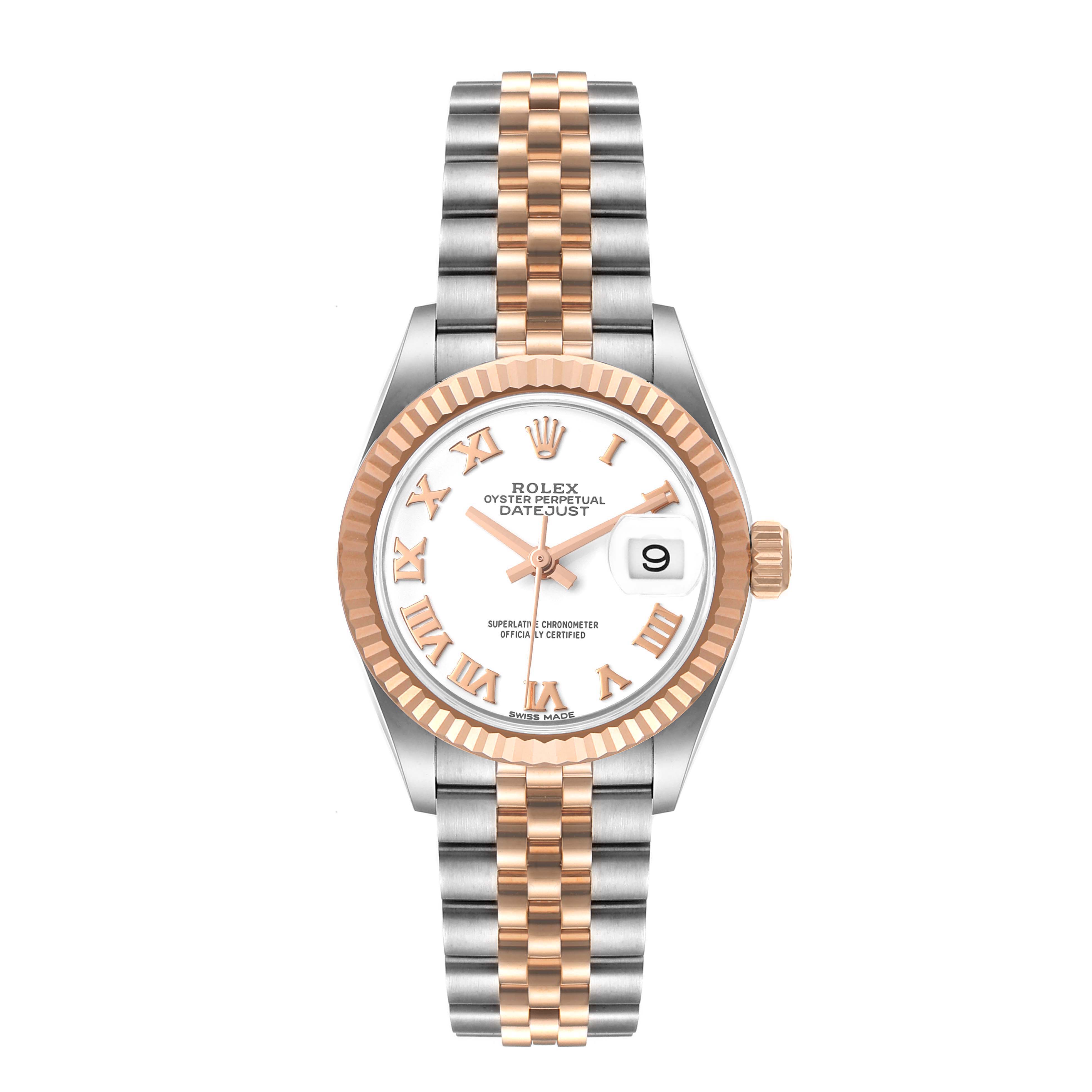 This image shows a front view of a Rolex Datejust 279171 Women's Steel and Gold (two tone) White Dial 279171 Women's Steel and Gold (two tone) White Dial watch, highlighting its bezel, dial, hands, and bracelet.