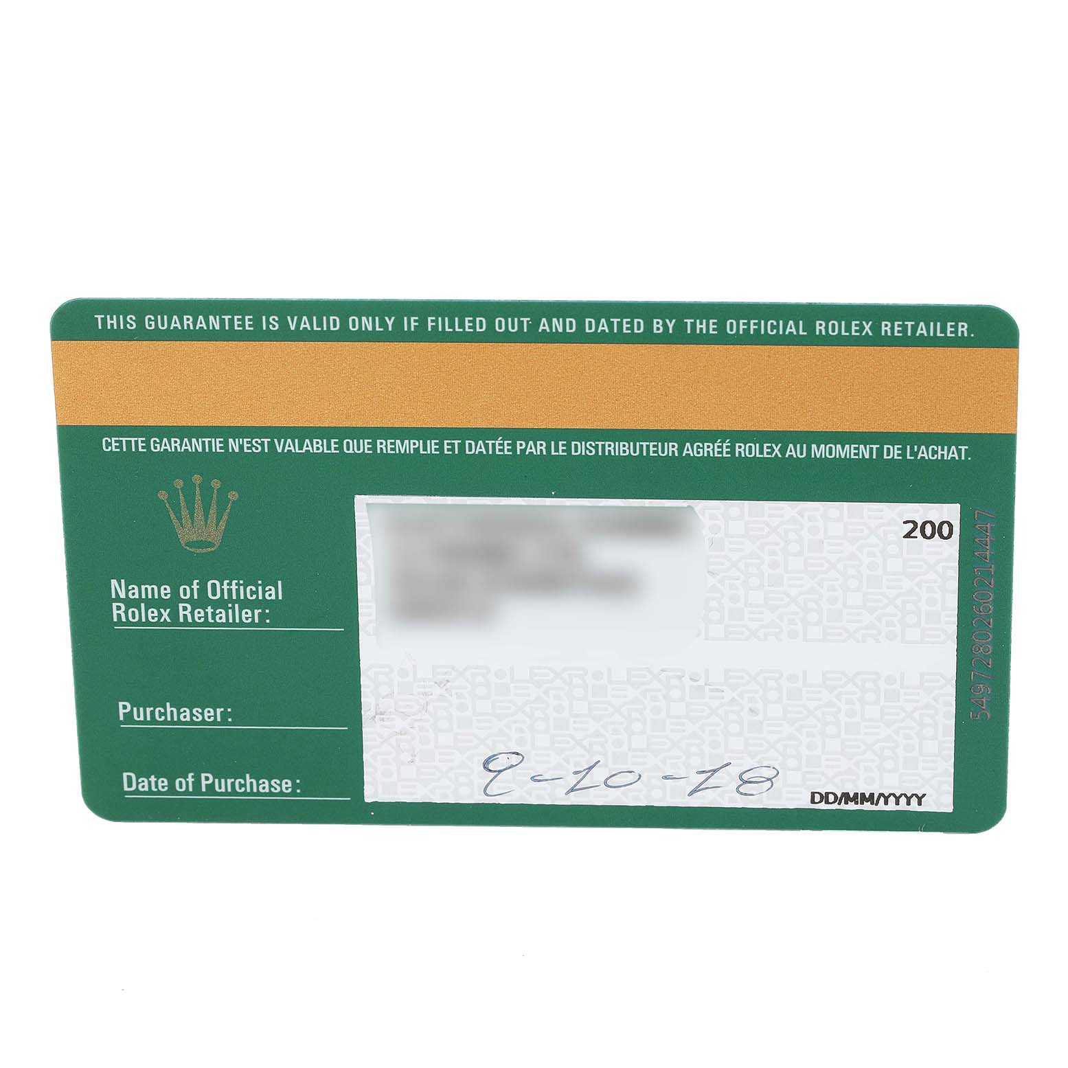 The image shows a warranty card for a Rolex Datejust 279171 Women's Steel and Gold (two tone) White Dial 279171 Women's Steel and Gold (two tone) White Dial watch, with fields for the retailer's name, purchaser, and the date of purchase.