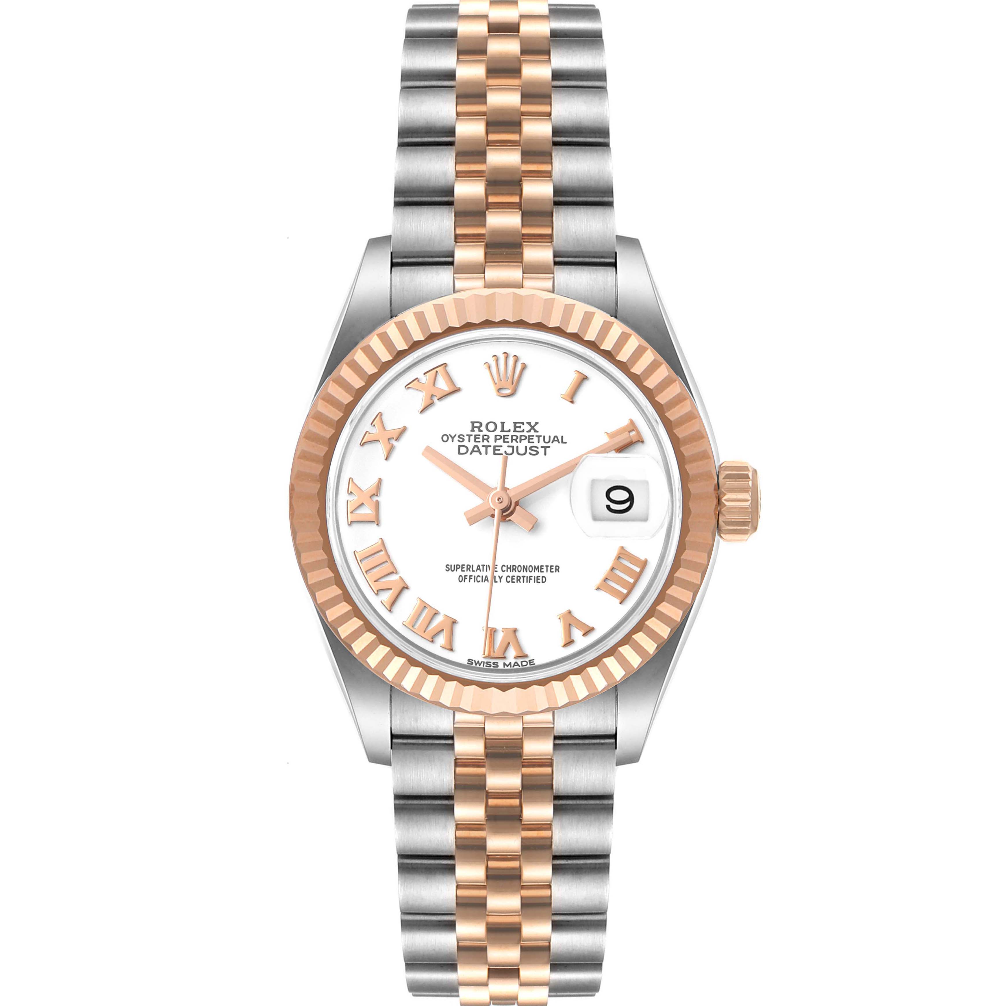 The image shows a front view of a Rolex Datejust 279171 Women's Steel and Gold (two tone) White Dial 279171 Women's Steel and Gold (two tone) White Dial with a two-tone bracelet and Roman numeral dial.