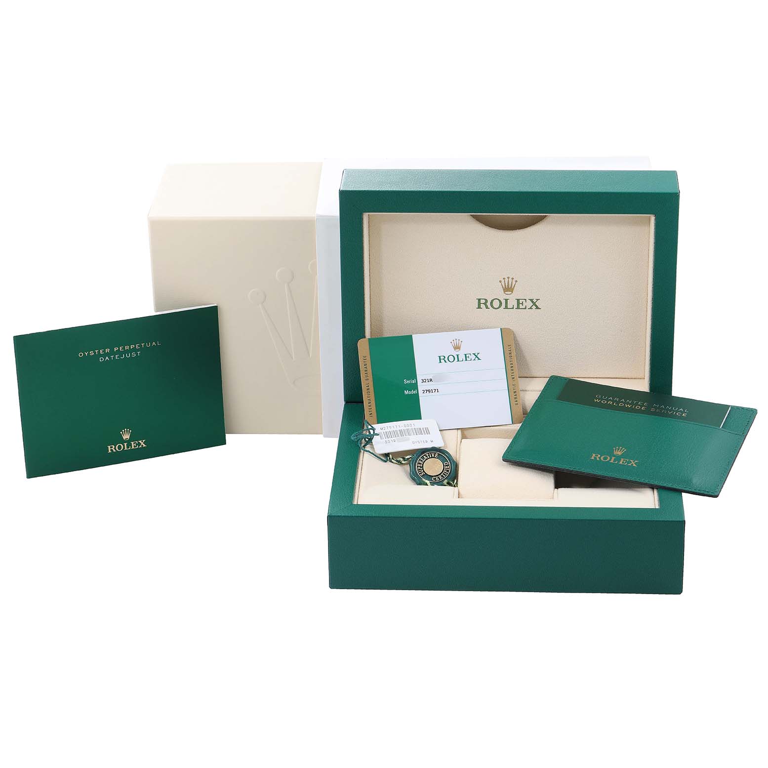 The image shows the packaging and accessories of a Rolex Datejust 279171 Women's Steel and Gold (two tone) White Dial 279171 Women's Steel and Gold (two tone) White Dial watch, including the box, warranty card, and documentation.