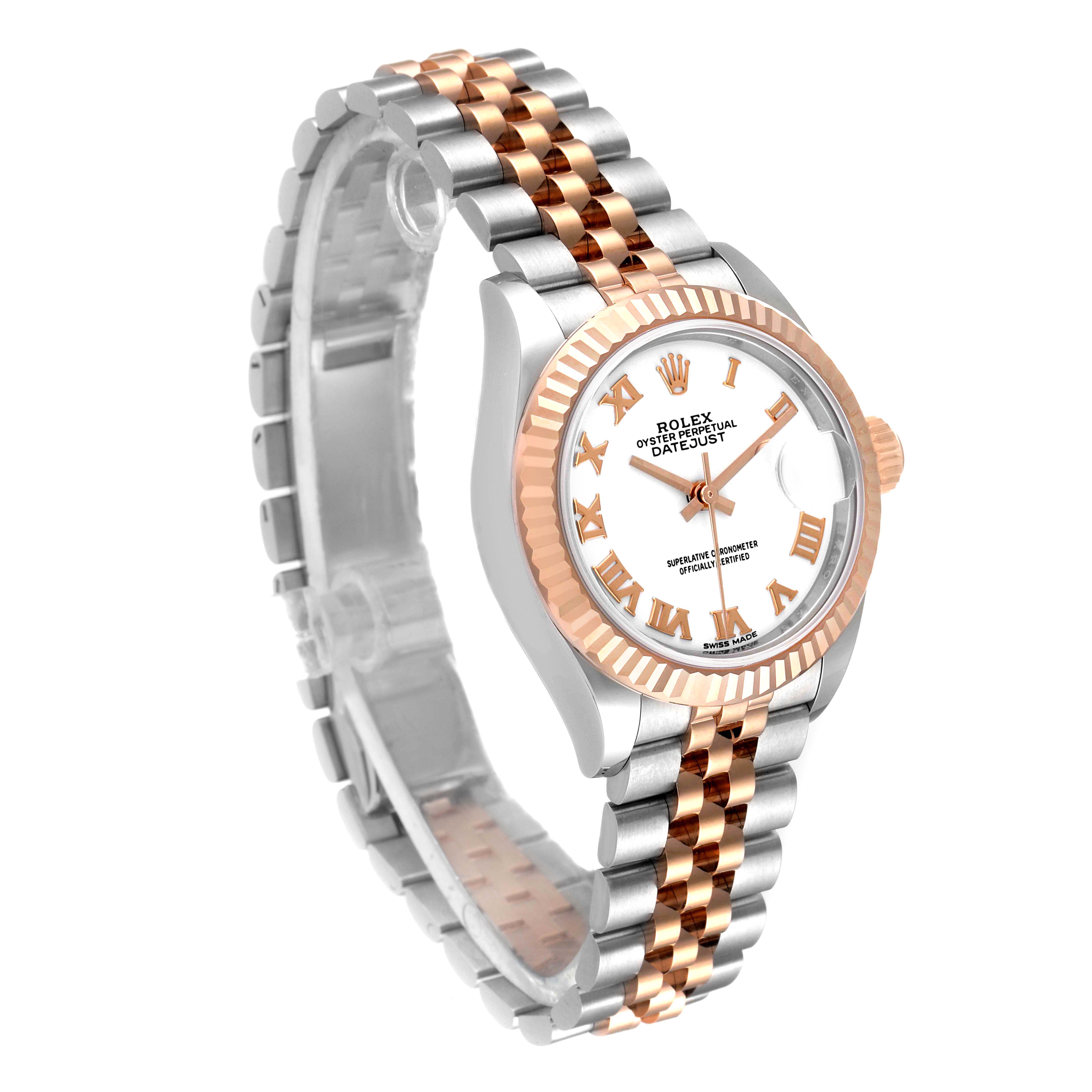 The image shows a Rolex Datejust 279171 Women's Steel and Gold (two tone) White Dial 279171 Women's Steel and Gold (two tone) White Dial watch at a slight diagonal angle, highlighting its two-tone bracelet, fluted bezel, and dial.
