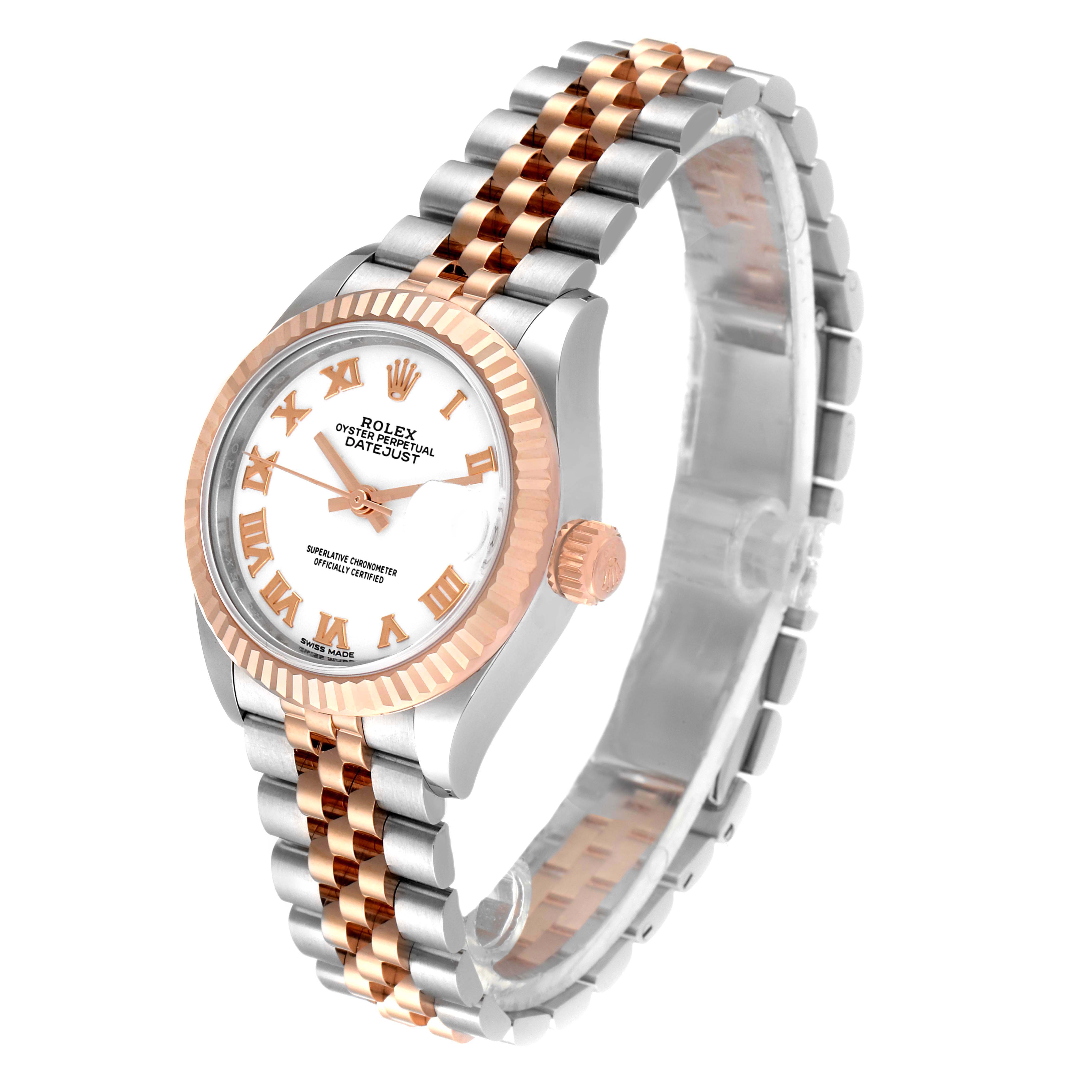 The image shows a Rolex Datejust 279171 Women's Steel and Gold (two tone) White Dial 279171 Women's Steel and Gold (two tone) White Dial watch at a slight angle, highlighting its bezel, dial, and two-tone bracelet.