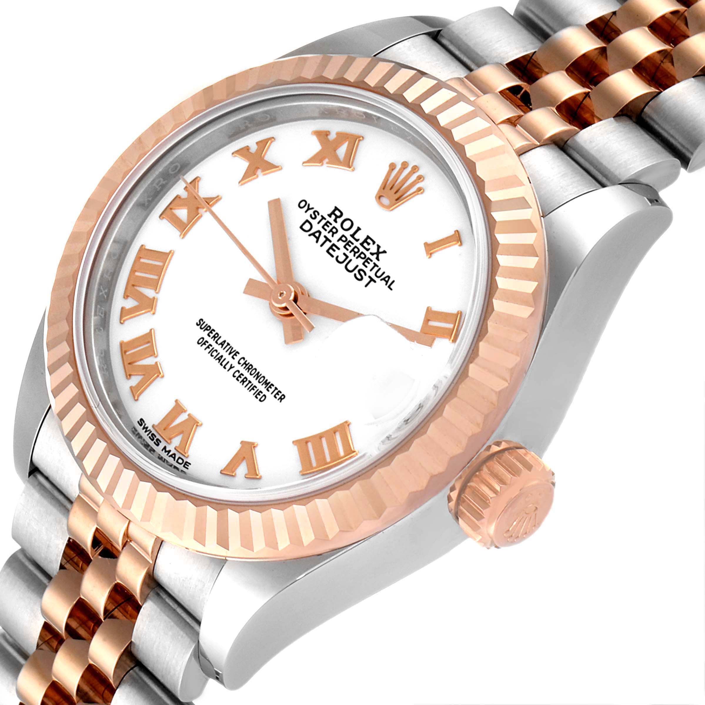 This image shows a close-up view of a Rolex Datejust 279171 Women's Steel and Gold (two tone) White Dial 279171 Women's Steel and Gold (two tone) White Dial watch angled to display the dial, bezel, crown, and part of the bracelet.