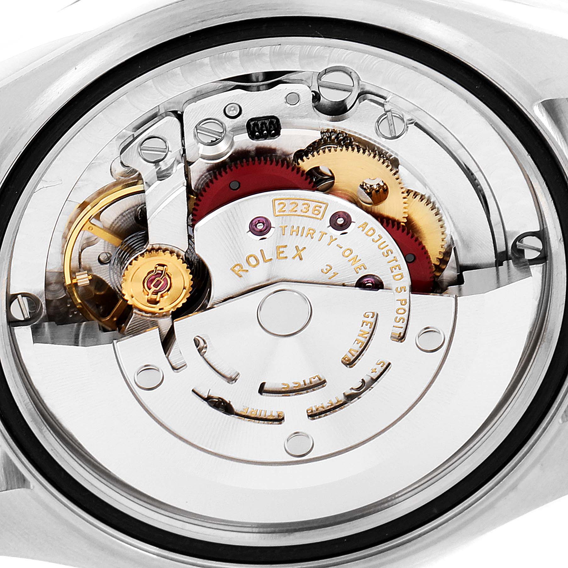 This image shows the internal mechanism and movement of a Rolex Mid-Size 278240 Women's Stainless Steel Black Dial 278240 Women's Stainless Steel Black Dial model watch viewed from the back.