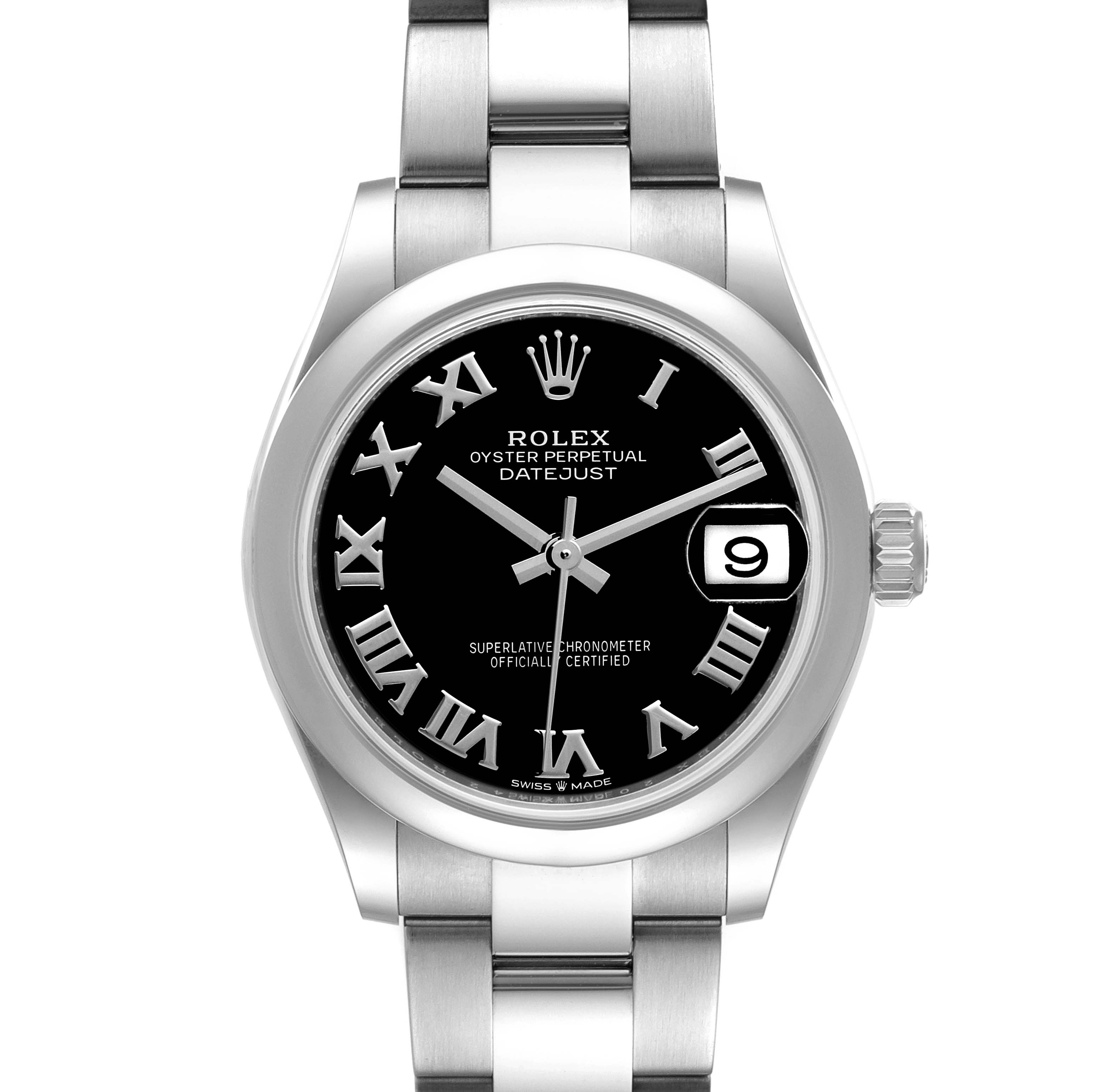 The image shows a front view of the Rolex Mid-Size 278240 Women's Stainless Steel Black Dial 278240 Women's Stainless Steel Black Dial Oyster Perpetual Datejust, showcasing its black dial, Roman numerals, and metal bracelet.