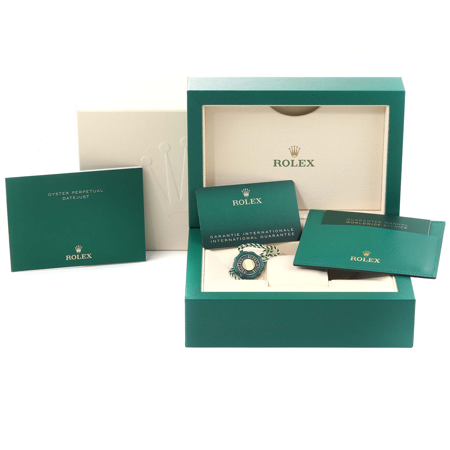 This image shows a Rolex Mid-Size 278240 Women's Stainless Steel Black Dial 278240 Women's Stainless Steel Black Dial watch box, international guarantee card, Oyster Perpetual Datejust booklet, and other official documents.