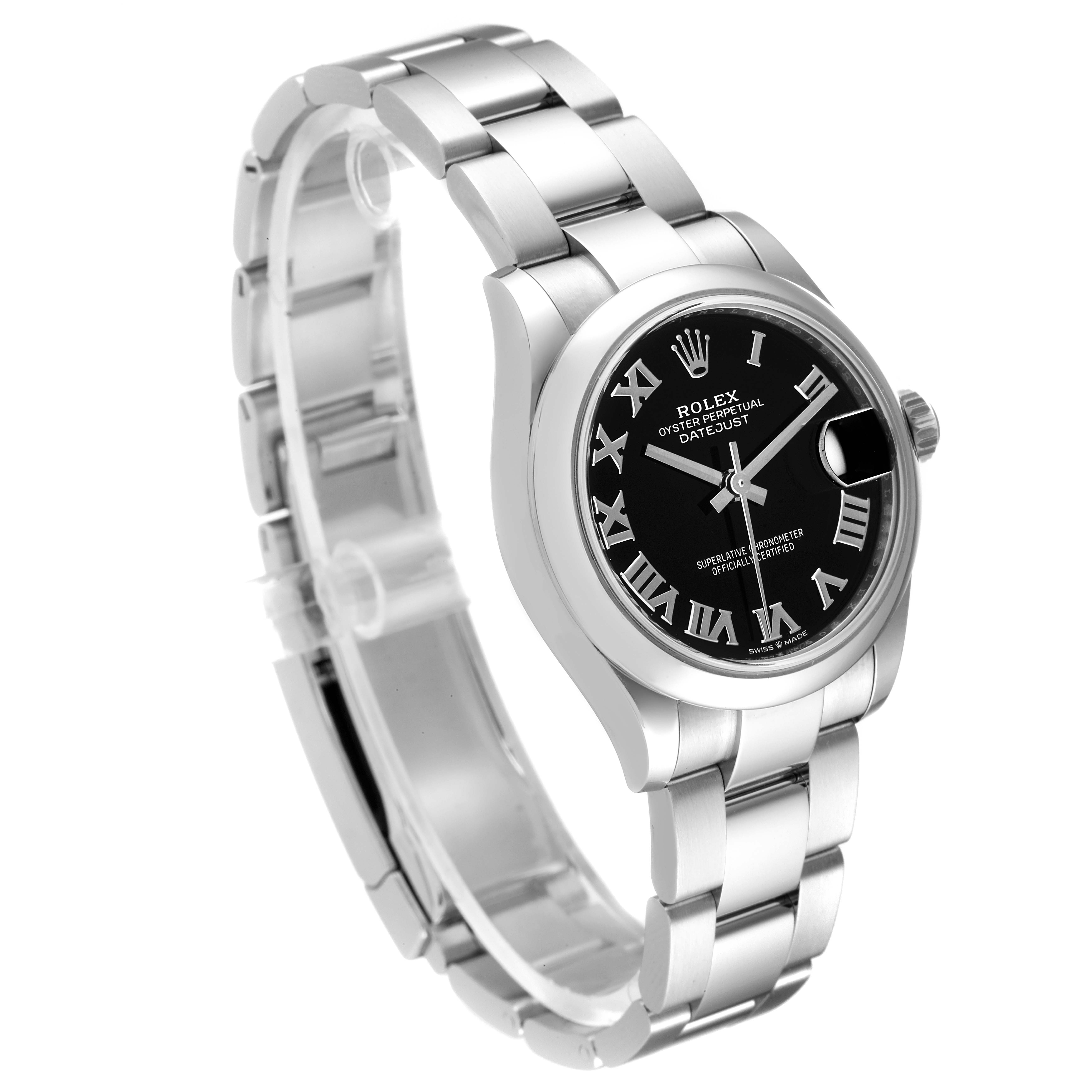 The image shows a side-angle view of a Rolex Mid-Size 278240 Women's Stainless Steel Black Dial 278240 Women's Stainless Steel Black Dial watch with a black dial, Roman numerals, and a stainless steel bracelet.
