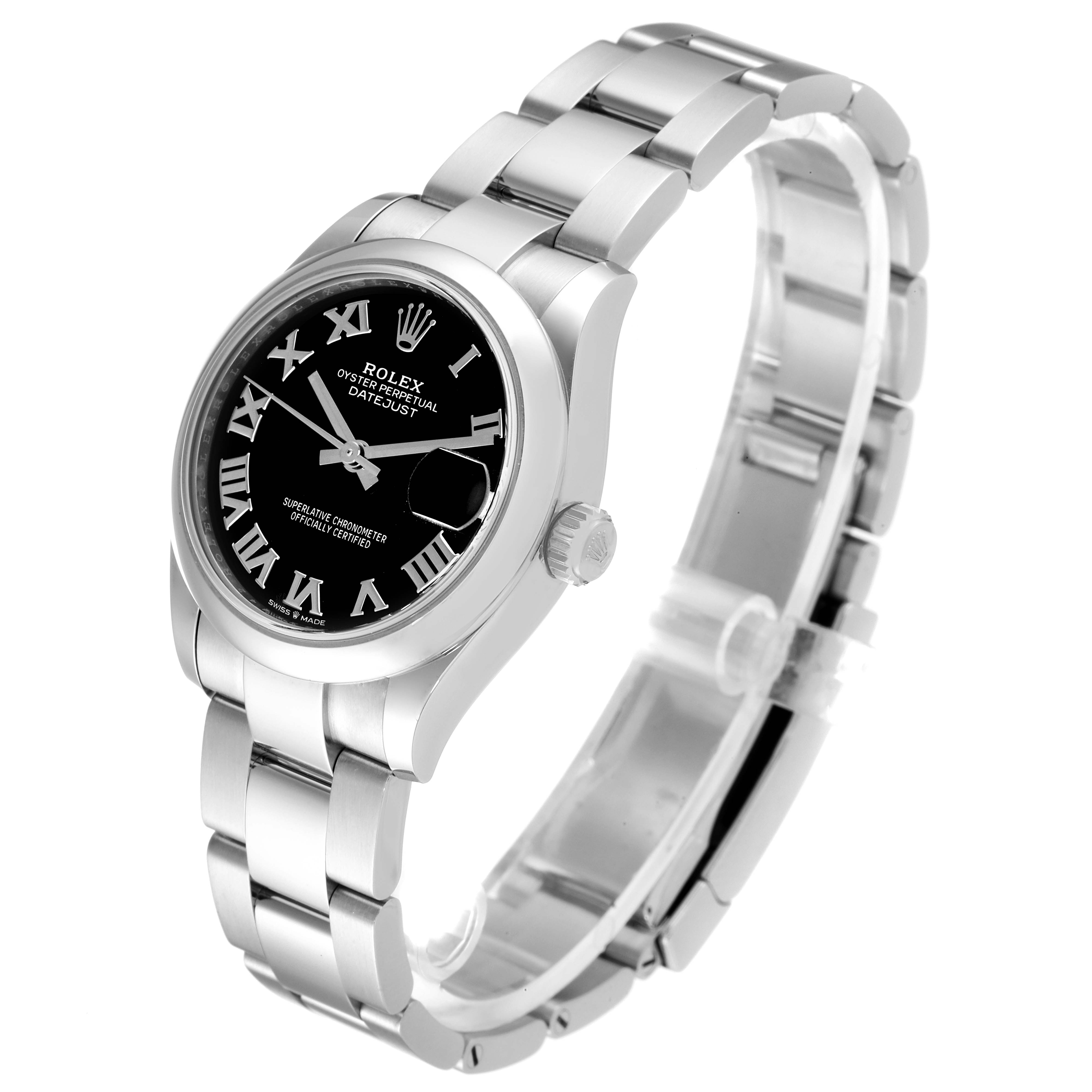 This image shows a Rolex Mid-Size 278240 Women's Stainless Steel Black Dial 278240 Women's Stainless Steel Black Dial watch at a three-quarter angle, displaying its face, bracelet, and crown.