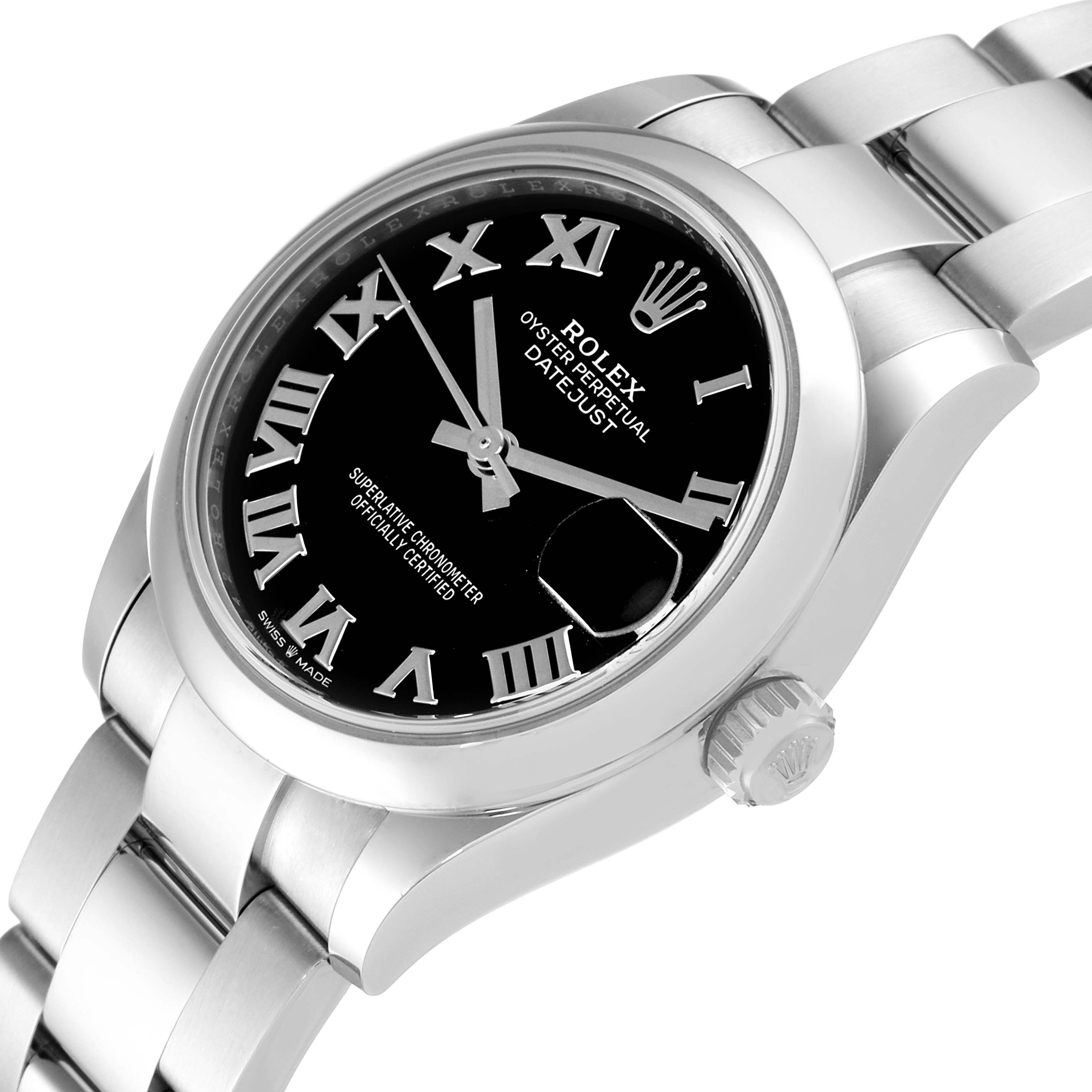 This Rolex Mid-Size 278240 Women's Stainless Steel Black Dial 278240 Women's Stainless Steel Black Dial Datejust watch is shown at an angled view featuring its face, bezel, crown, and part of its bracelet.