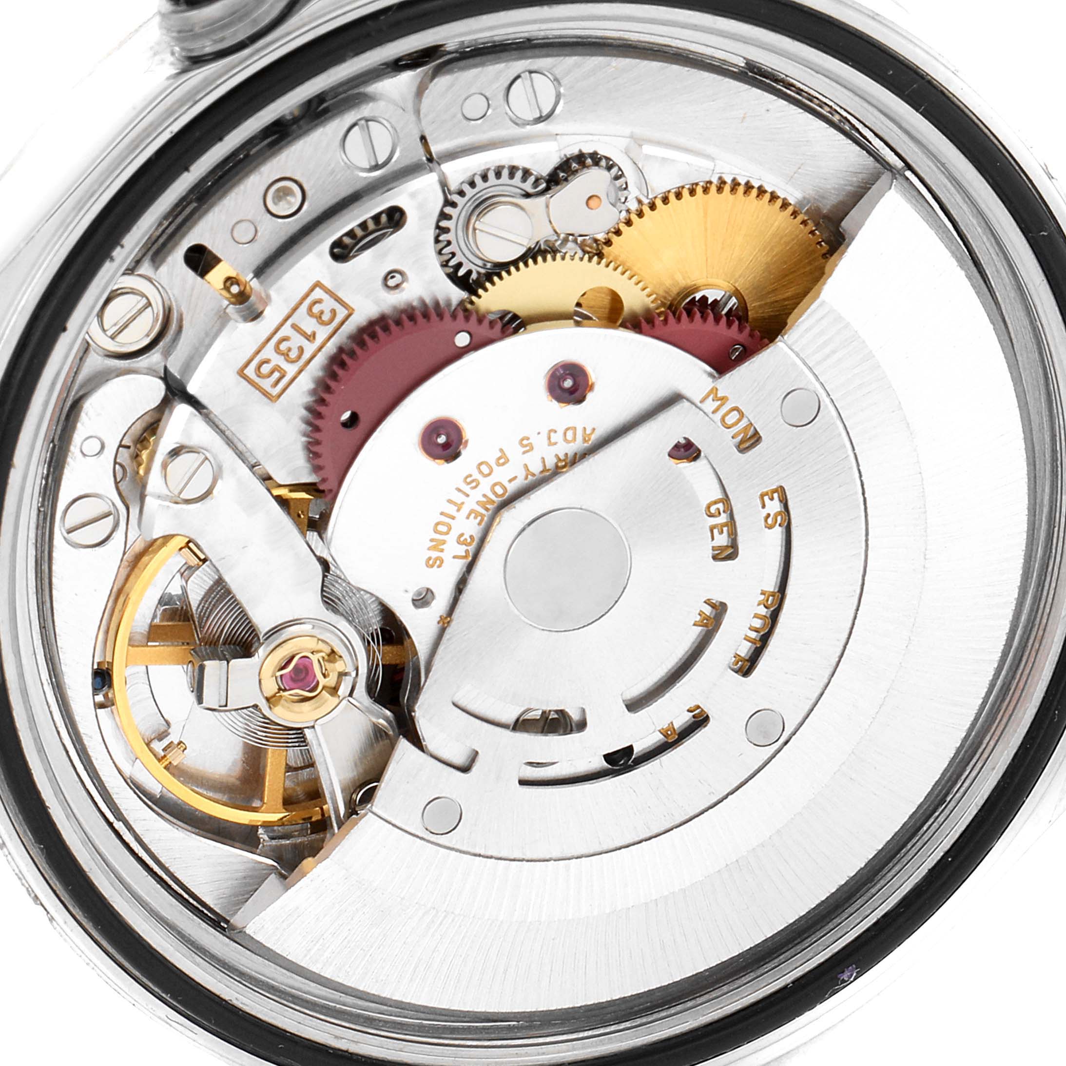 This close-up image of a Rolex Datejust 16234 Men's Stainless Steel Blue Dial 16234 Men's Stainless Steel Blue Dial watch shows the intricate movement parts and internal components.