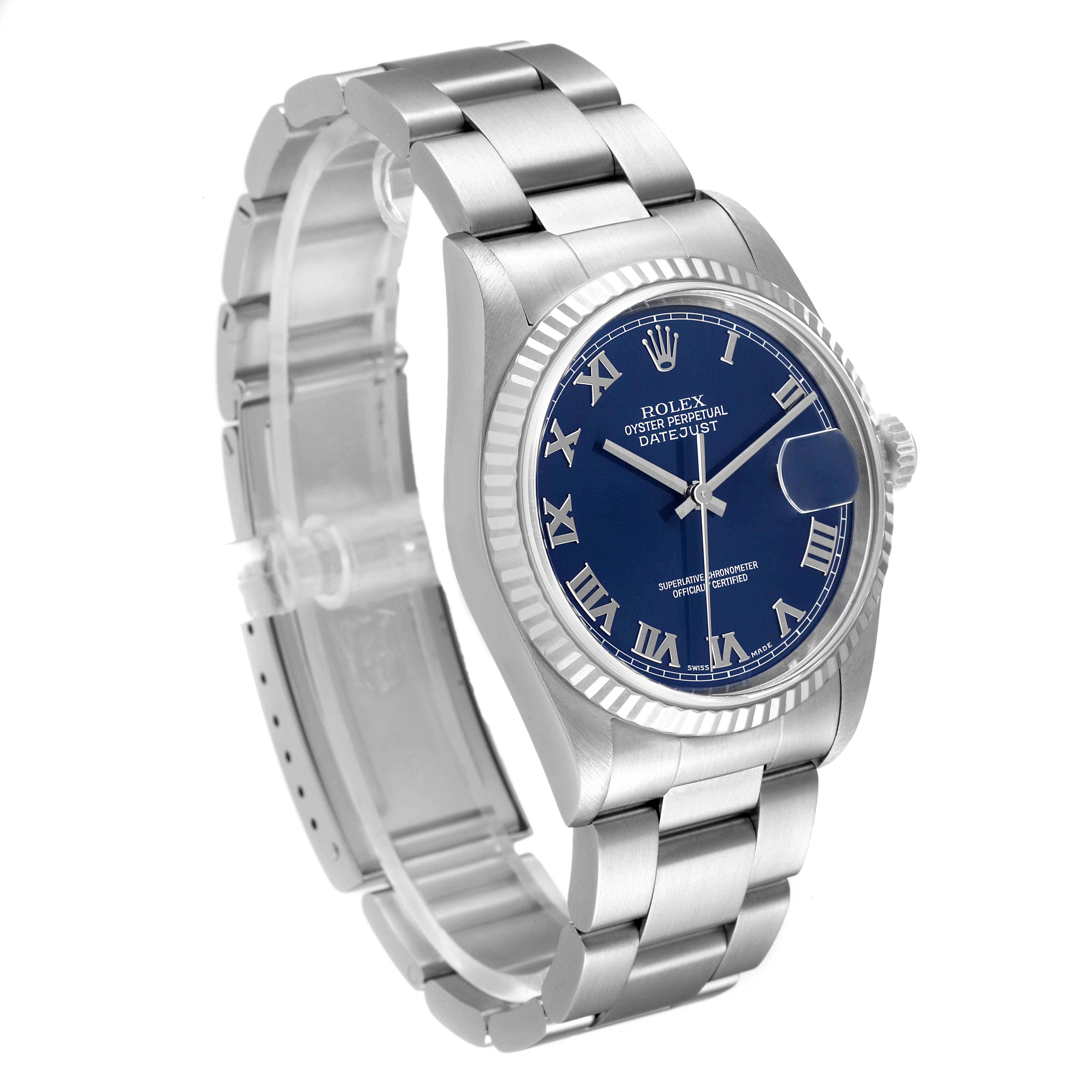 The image shows a side-angle view of the Rolex Datejust 16234 Men's Stainless Steel Blue Dial 16234 Men's Stainless Steel Blue Dial watch, highlighting its blue dial, fluted bezel, and stainless steel bracelet.