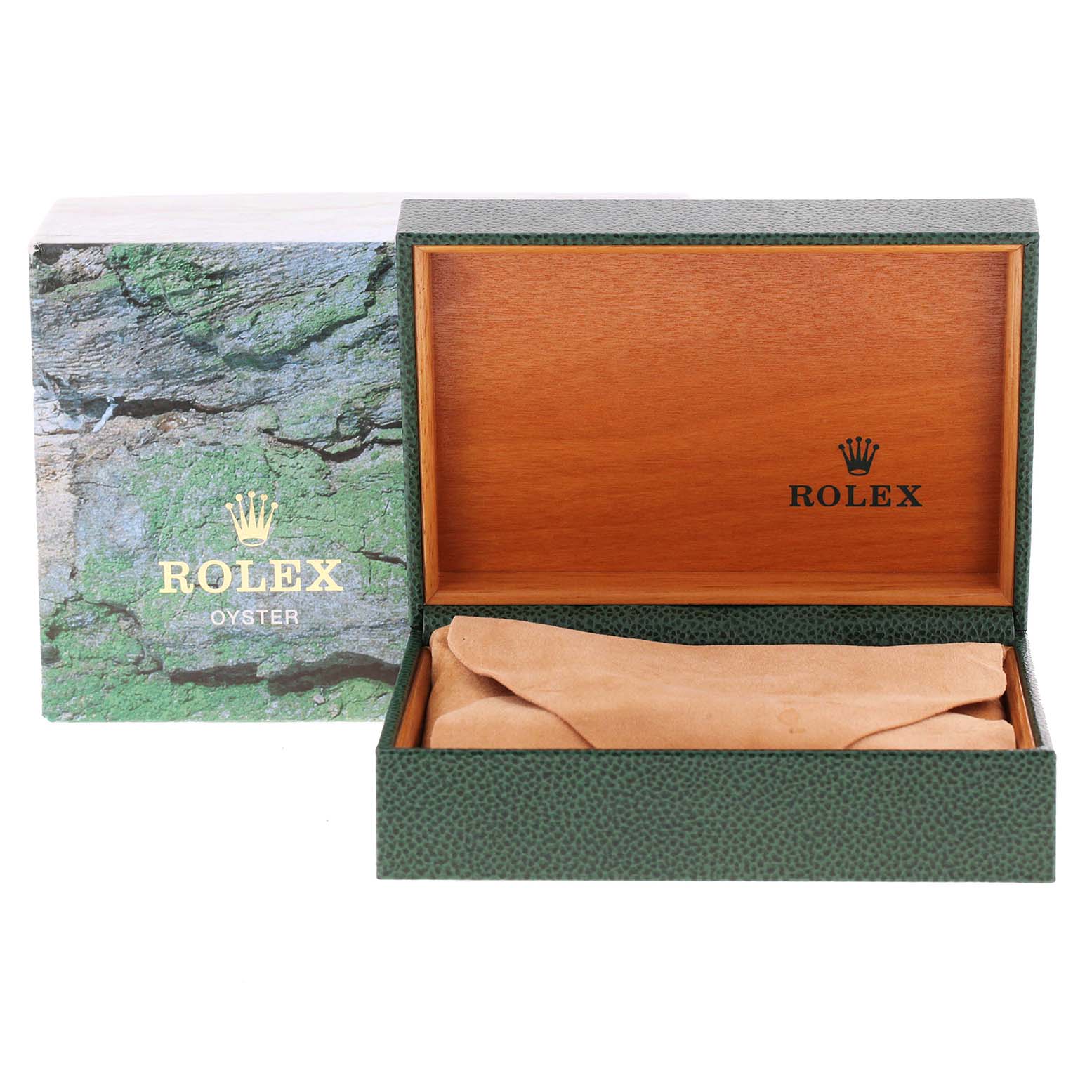 The image shows an open green and wooden Rolex Datejust 16234 Men's Stainless Steel Blue Dial 16234 Men's Stainless Steel Blue Dial watch box with a suede pillow inside, and the outer box behind it.