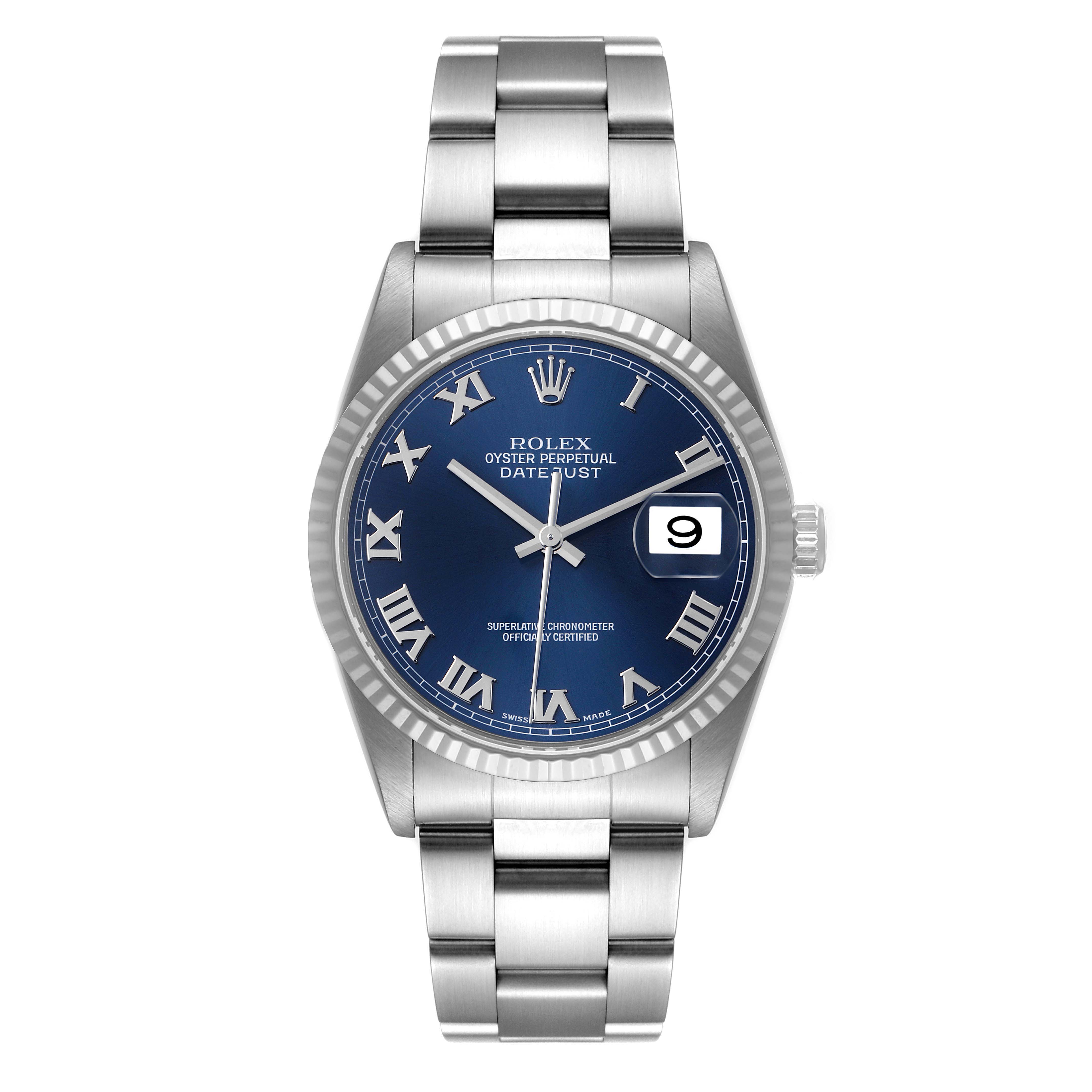 The image shows a front view of a Rolex Datejust 16234 Men's Stainless Steel Blue Dial 16234 Men's Stainless Steel Blue Dial watch, displaying its blue dial, date window, and stainless steel bracelet.