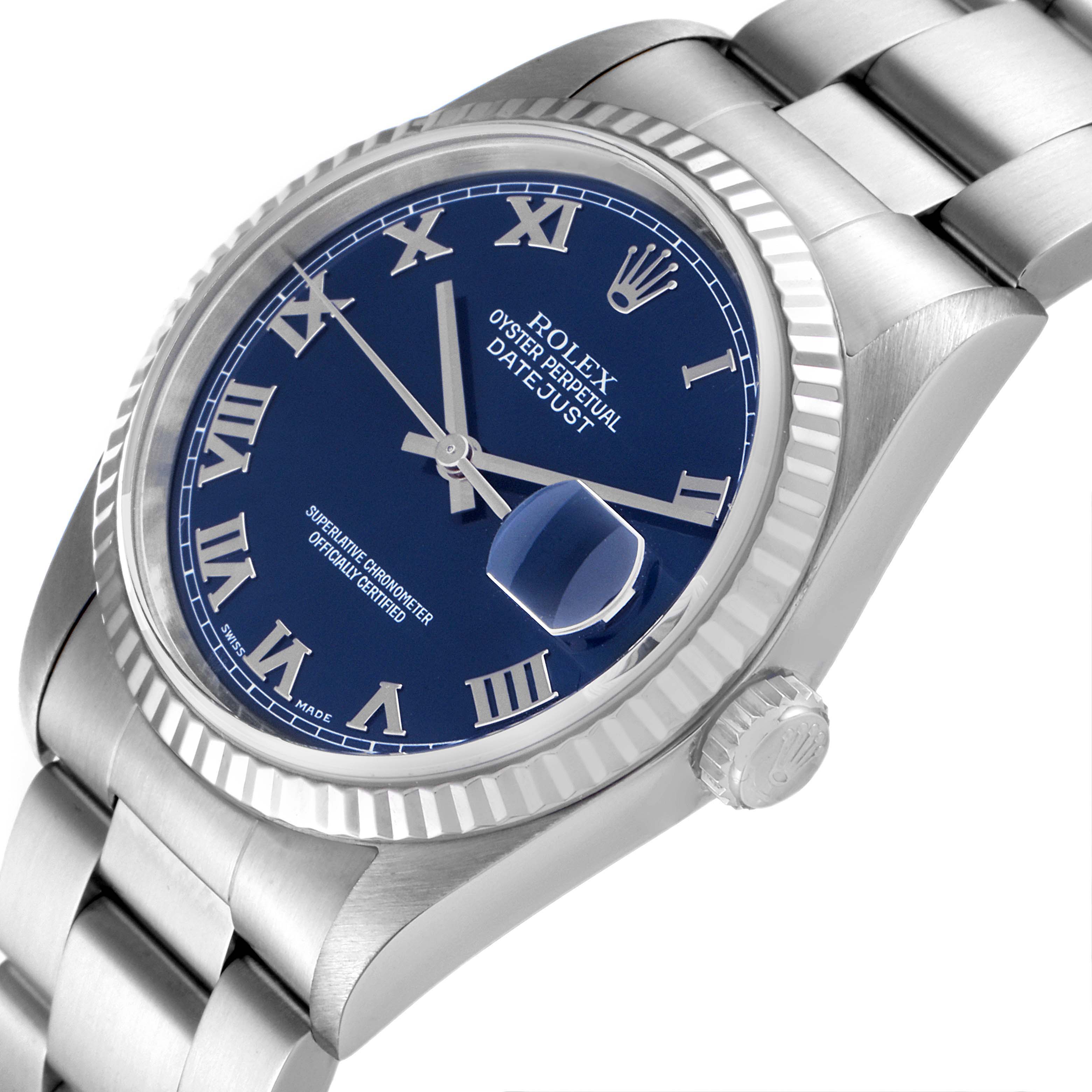 The image shows a close-up, angled view of the Rolex Datejust 16234 Men's Stainless Steel Blue Dial 16234 Men's Stainless Steel Blue Dial watch, highlighting the blue dial, fluted bezel, and bracelet.