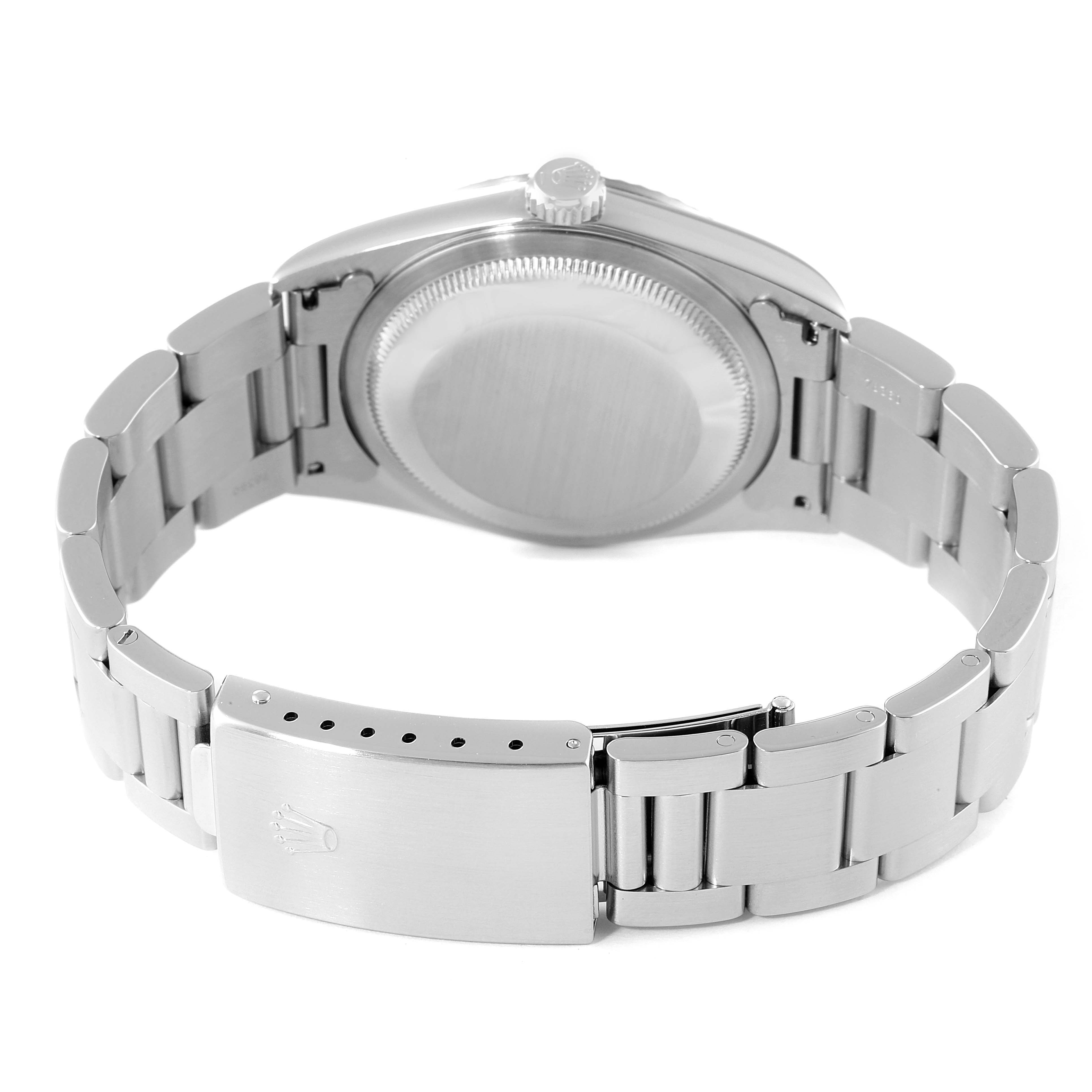 The image shows the back and bracelet of a Rolex Datejust 16234 Men's Stainless Steel Blue Dial 16234 Men's Stainless Steel Blue Dial watch, highlighting the clasp and caseback.