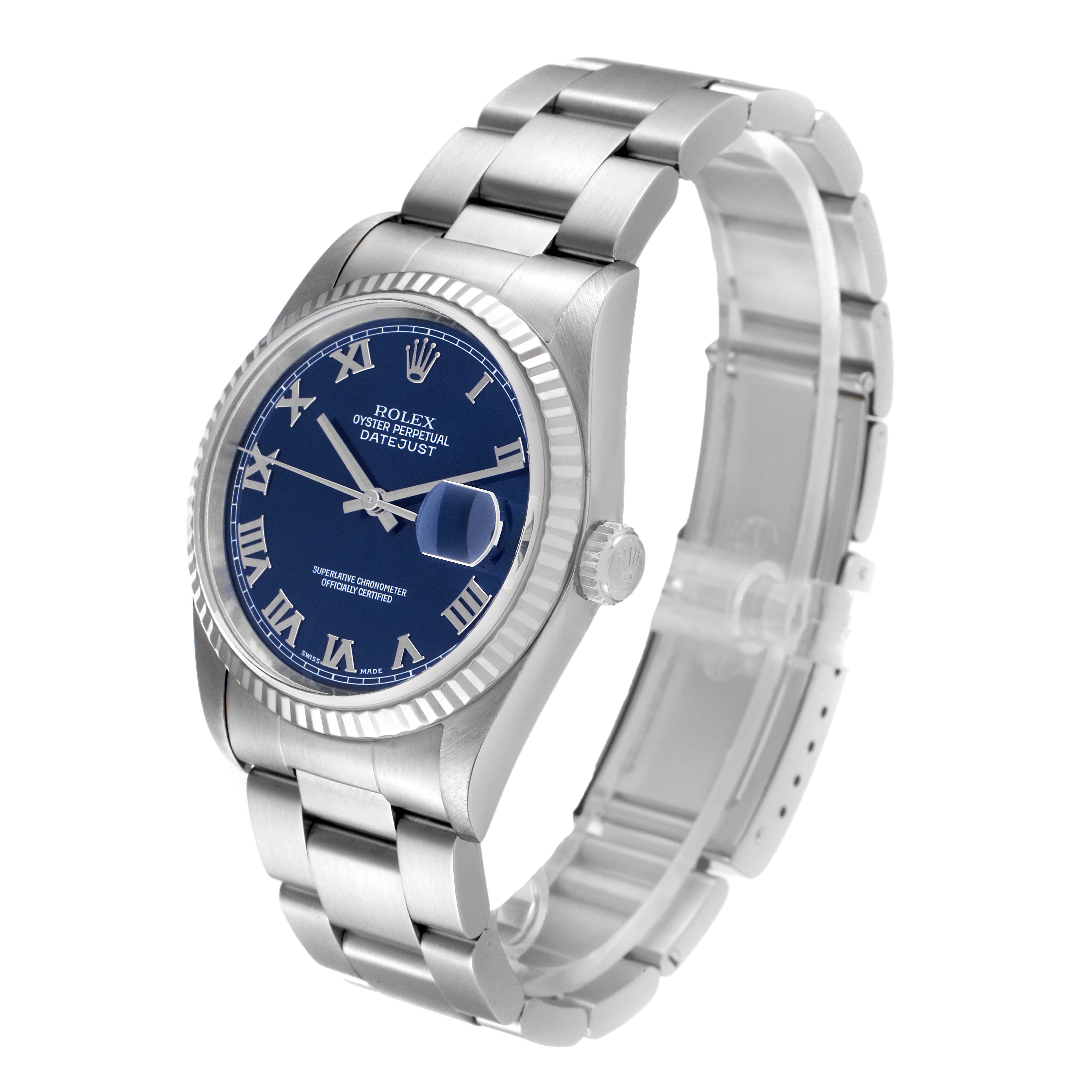 The image shows a Rolex Datejust 16234 Men's Stainless Steel Blue Dial 16234 Men's Stainless Steel Blue Dial watch at an angle emphasizing the face, bezel, crown, and band.