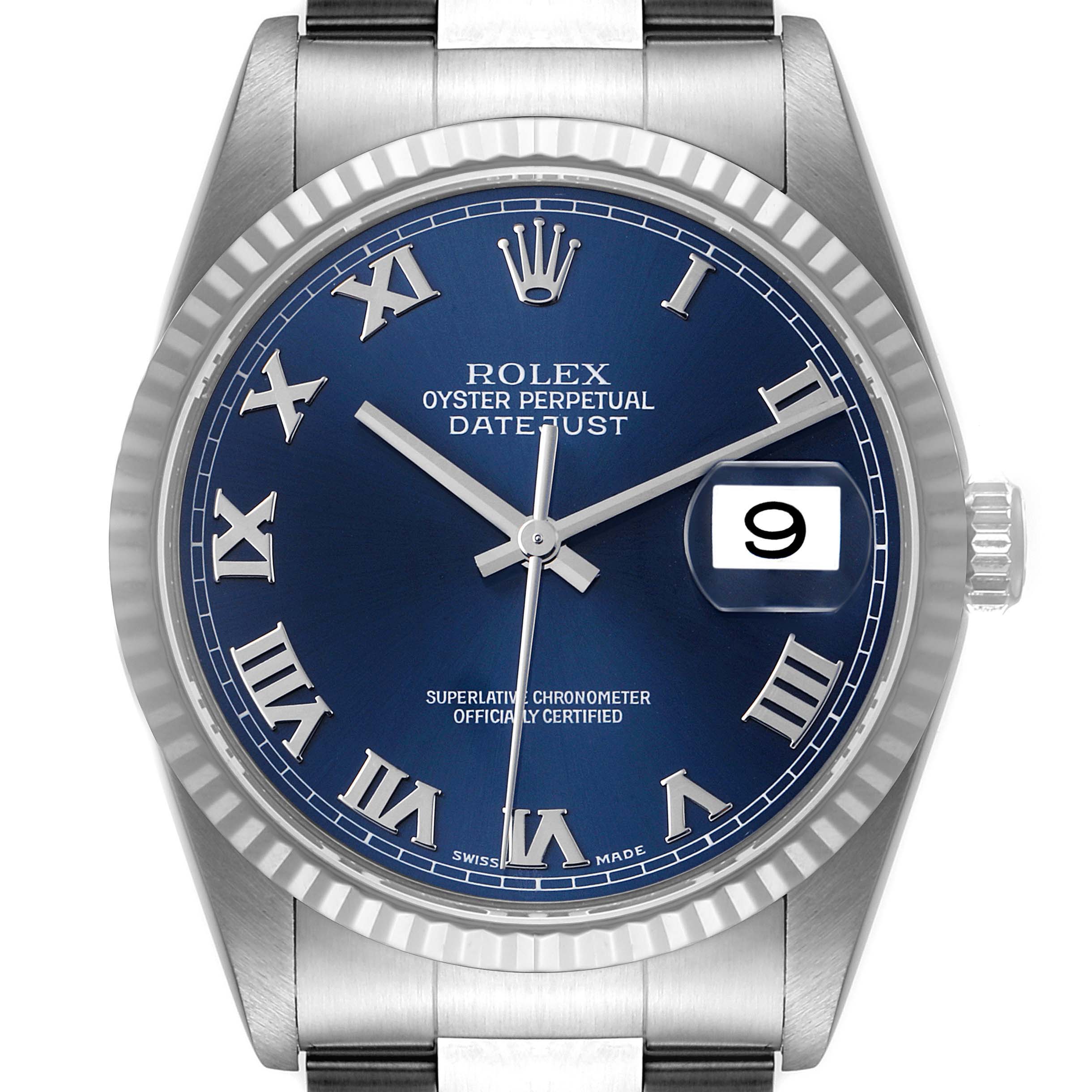This image shows a front view of a Rolex Datejust 16234 Men's Stainless Steel Blue Dial 16234 Men's Stainless Steel Blue Dial watch featuring a blue dial with Roman numerals and a fluted bezel.