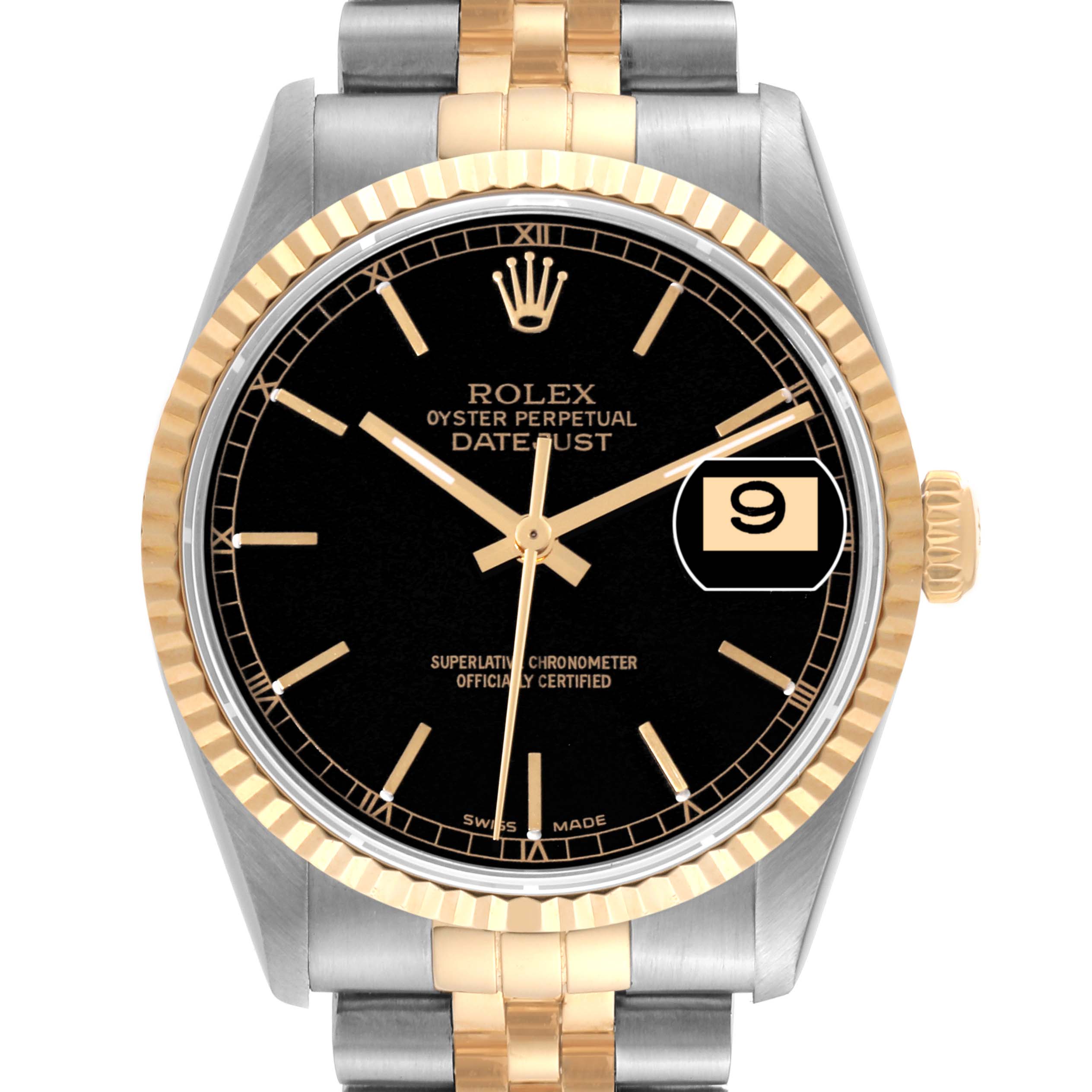This image shows a front view of a Rolex Datejust 16233 Men's Steel and Gold (two tone) Black Dial 16233 Men's Steel and Gold (two tone) Black Dial, highlighting its black dial, gold fluted bezel, date window, and two-tone bracelet.