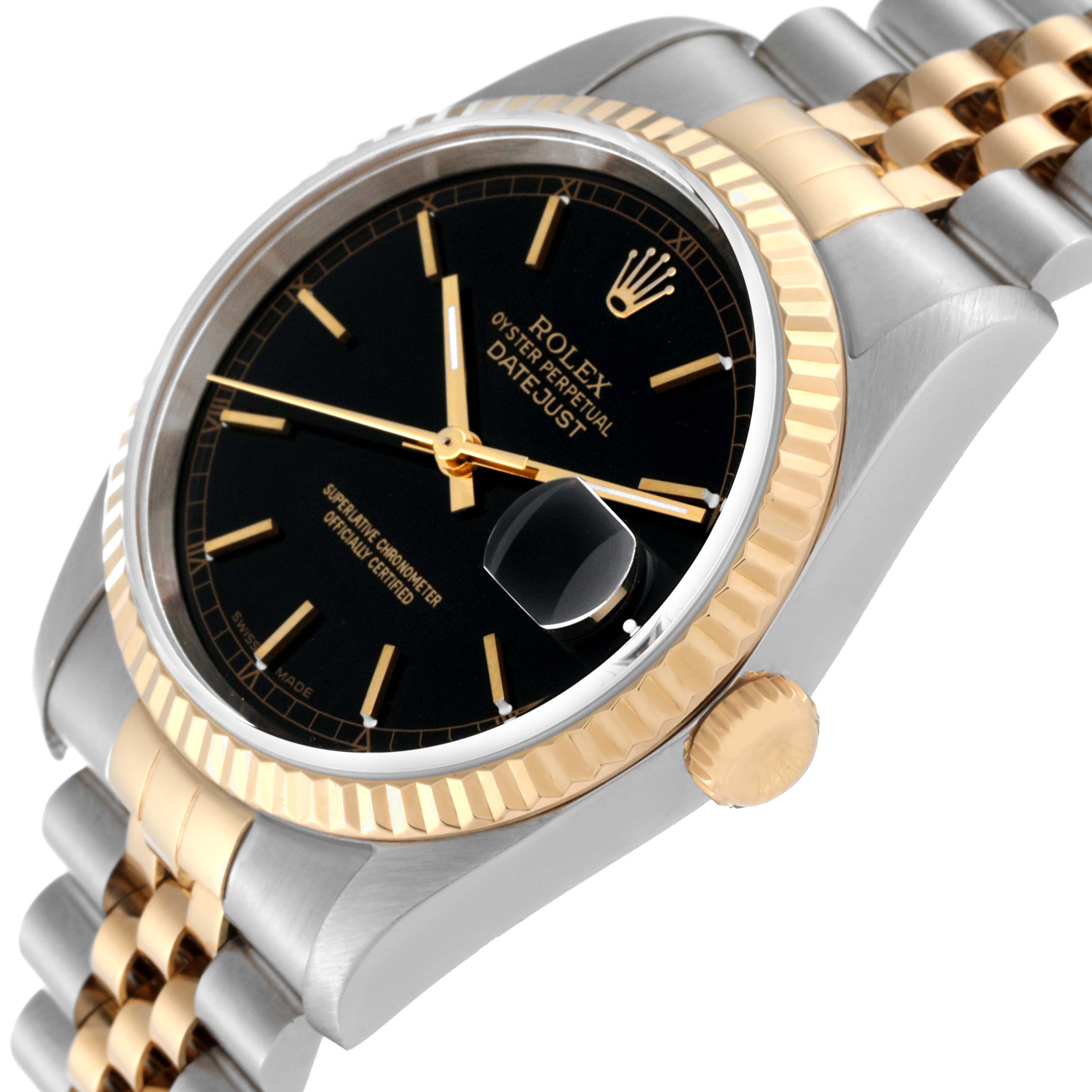 The Rolex Datejust 16233 Men's Steel and Gold (two tone) Black Dial 16233 Men's Steel and Gold (two tone) Black Dial watch is shown at a slight angle from the front, displaying its black dial, gold fluted bezel, and two-tone bracelet.