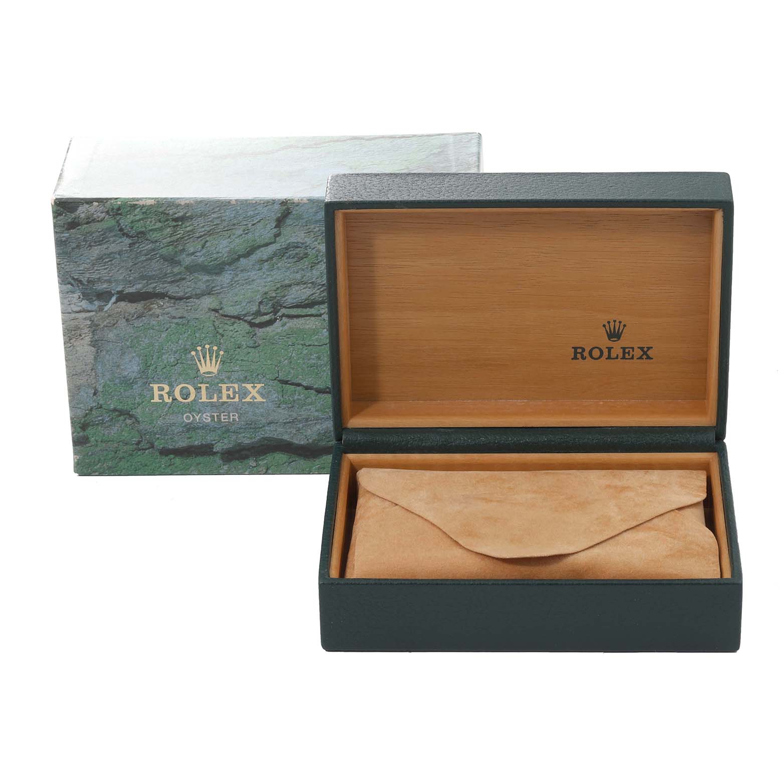 The image shows an open Rolex Datejust 16233 Men's Steel and Gold (two tone) Black Dial 16233 Men's Steel and Gold (two tone) Black Dial watch box and the outer sleeve, displaying the brand logo inside the box lid.