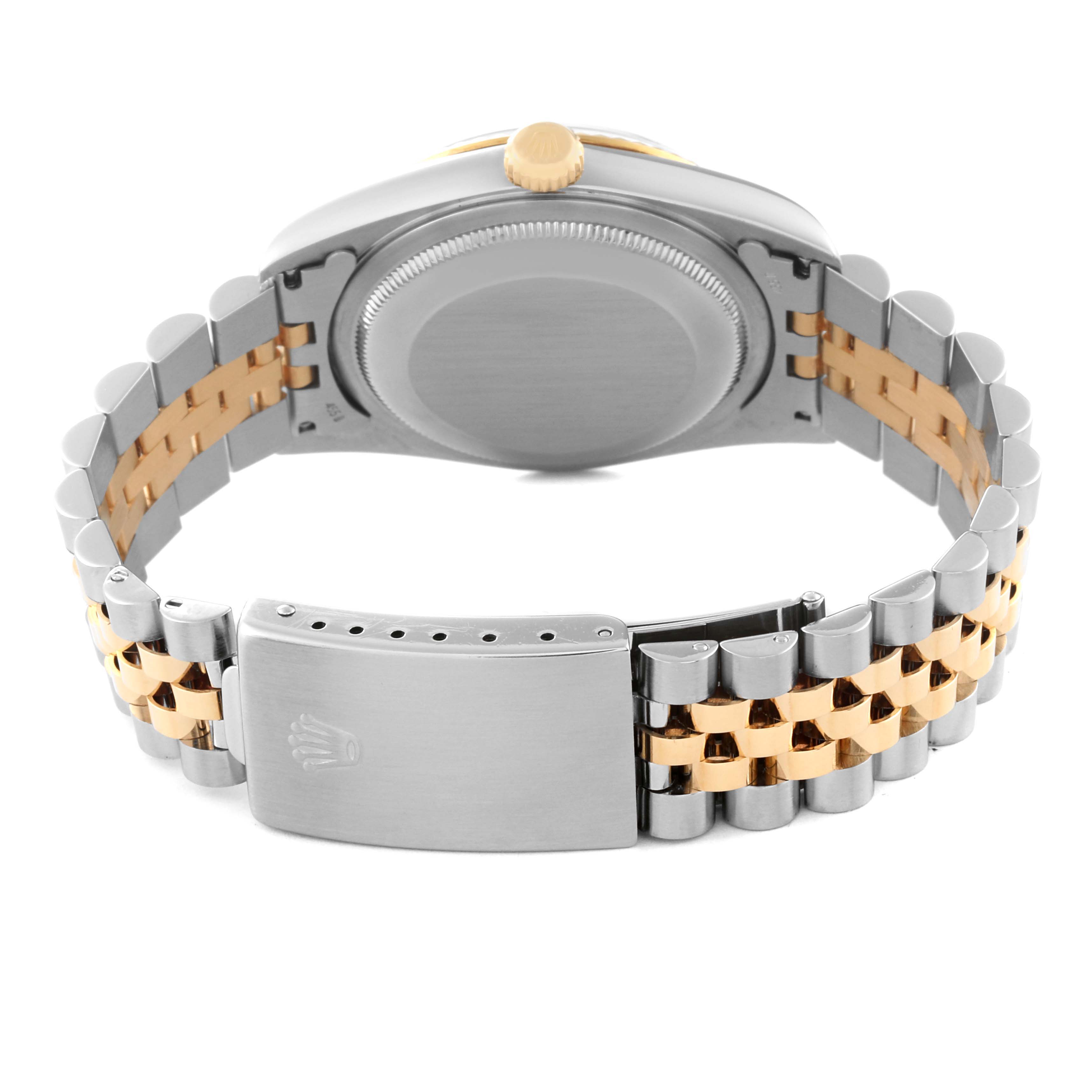 This image shows the back view of the Rolex Datejust 16233 Men's Steel and Gold (two tone) Black Dial 16233 Men's Steel and Gold (two tone) Black Dial watch, displaying its clasp, case back, and bracelet.