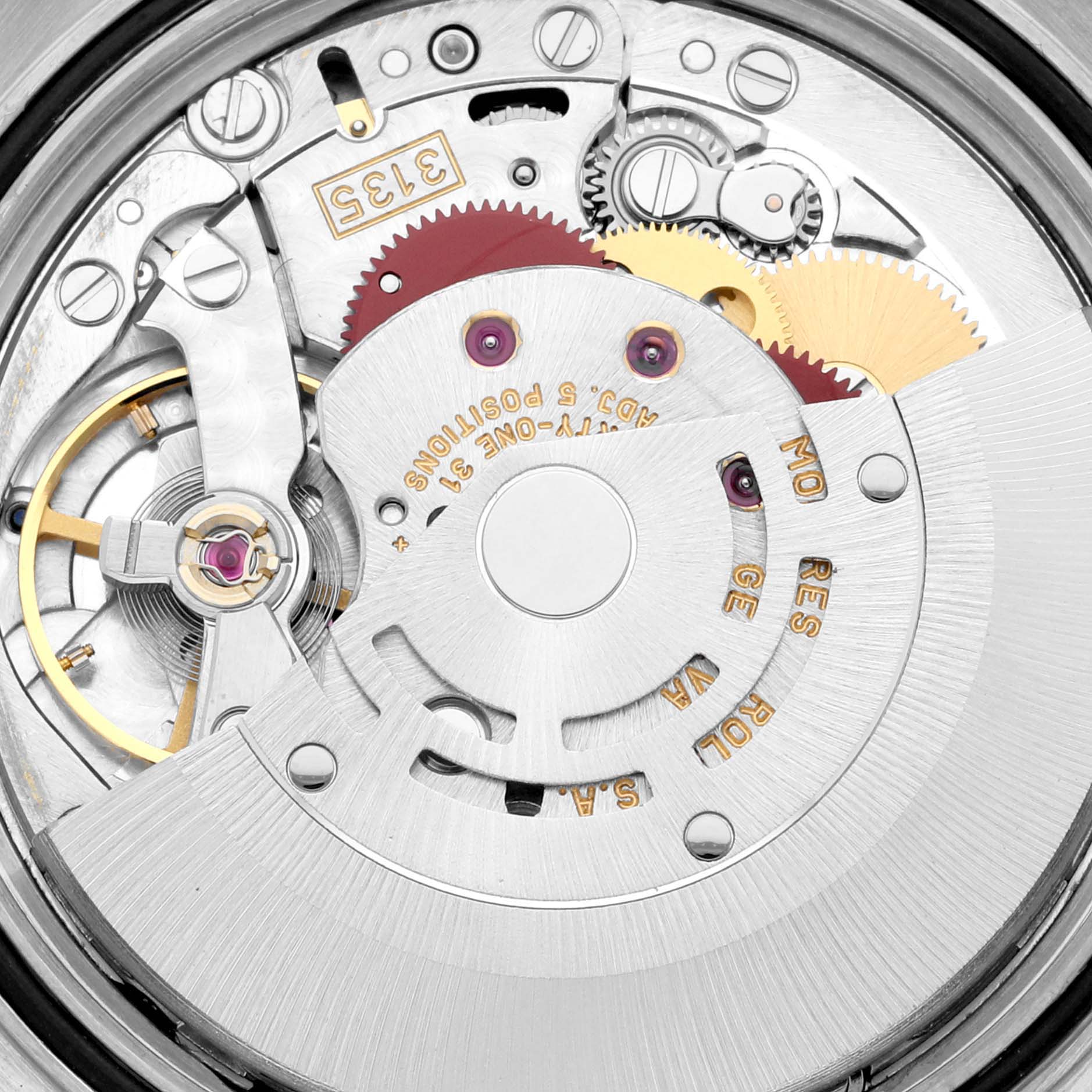 This image shows the intricate internal movement components of a Rolex Datejust 16233 Men's Steel and Gold (two tone) Black Dial 16233 Men's Steel and Gold (two tone) Black Dial watch, viewed from a macro angle.