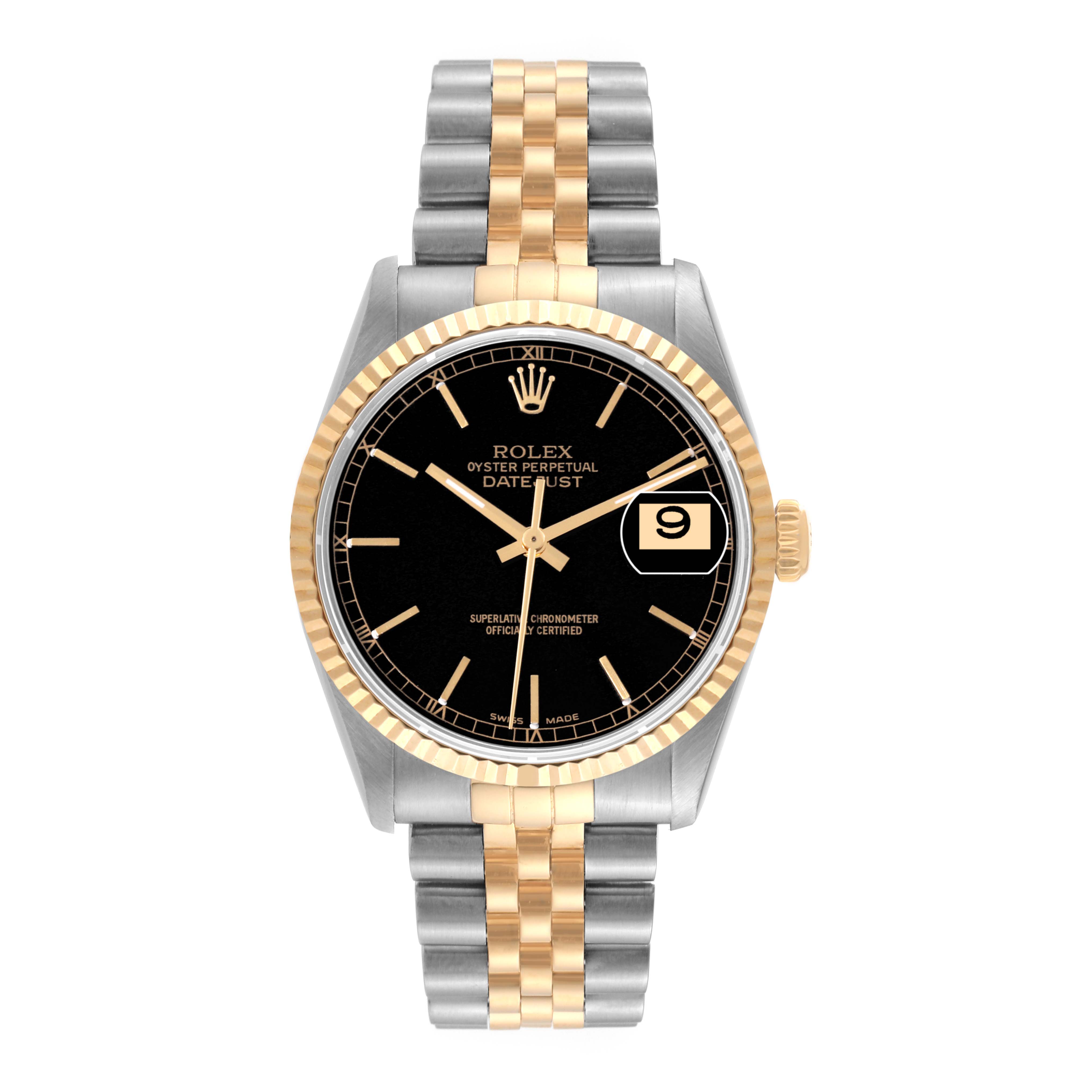 The image shows a Rolex Datejust 16233 Men's Steel and Gold (two tone) Black Dial 16233 Men's Steel and Gold (two tone) Black Dial watch from a front angle, highlighting the black dial, date display, and two-tone bracelet.